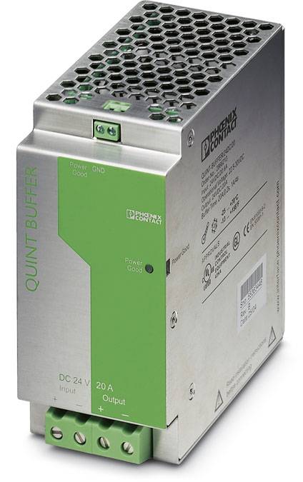 Przemysłowy zasilacz z napisem 'QUINT BUFFER', zieloną przednią ścianką, bocznymi otworami wentylacyjnymi i złączami.
