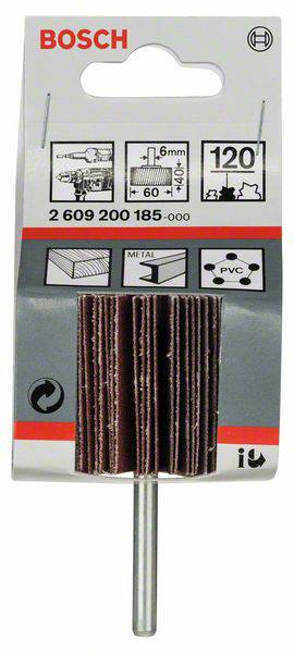 Nakładka szlifierska Bosch, odpowiednia do drewna, metalu i PVC, o ziarnistości 60, zapakowana w blister z informacjami o produkcie.