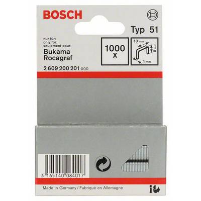 Opakowanie zszywek Bosch, typ 51, odpowiednie dla Bukama i Rocagraf. Zawiera 1000 sztuk, długość 10 mm, wyprodukowane w Niemczech.