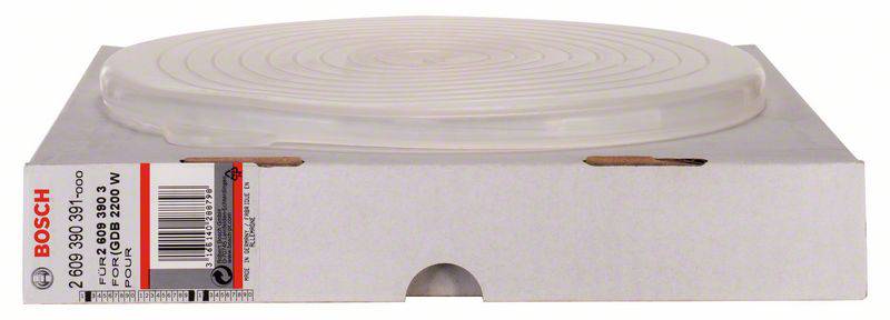 Biała tarcza szlifierska Bosch w szarym opakowaniu kartonowym. Naklejka przedstawia model i dane techniczne.