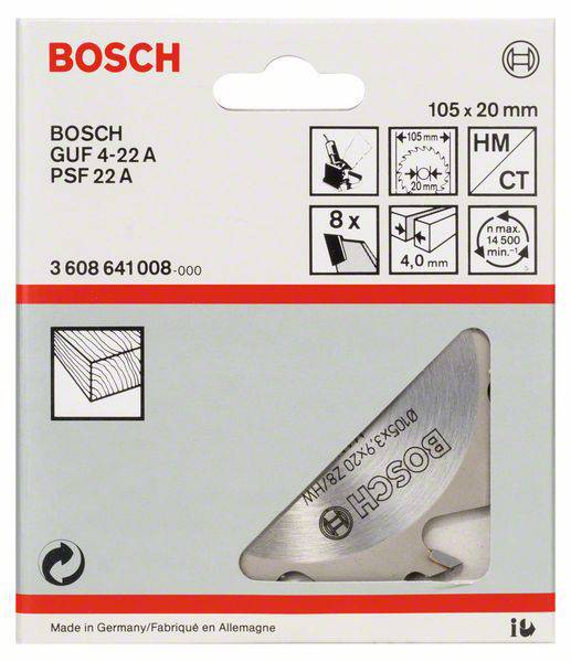 Opakowanie frezu Bosch. Zawiera nazwy modeli 'GUF 4-22 A', 'PSF 22 A'. Przedstawia narzędzie, rozmiar 105 x 20 mm, 8 sztuk, ostrza 4,0 mm.