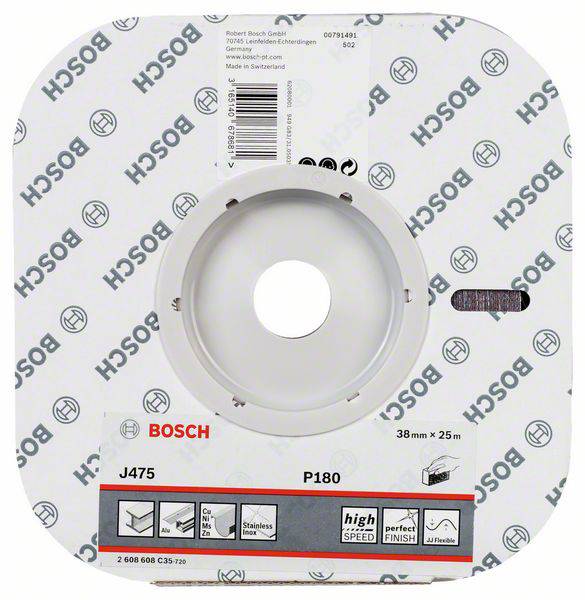 Rolka papieru ściernego Bosch, ziarnistość P180, odpowiednia do metalu i drewna, szerokość 38 mm i długość 25 m, kod produktu J475.
