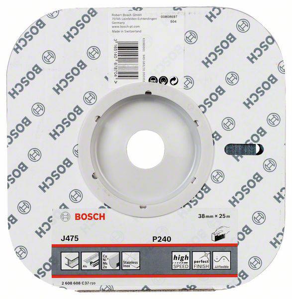 Kwadratowa tarcza szlifierska marki Bosch, model J475, P240, 38 mm x 25 m, do stali nierdzewnej i drewna, o wysokiej prędkości i doskonałym wykończeniu.