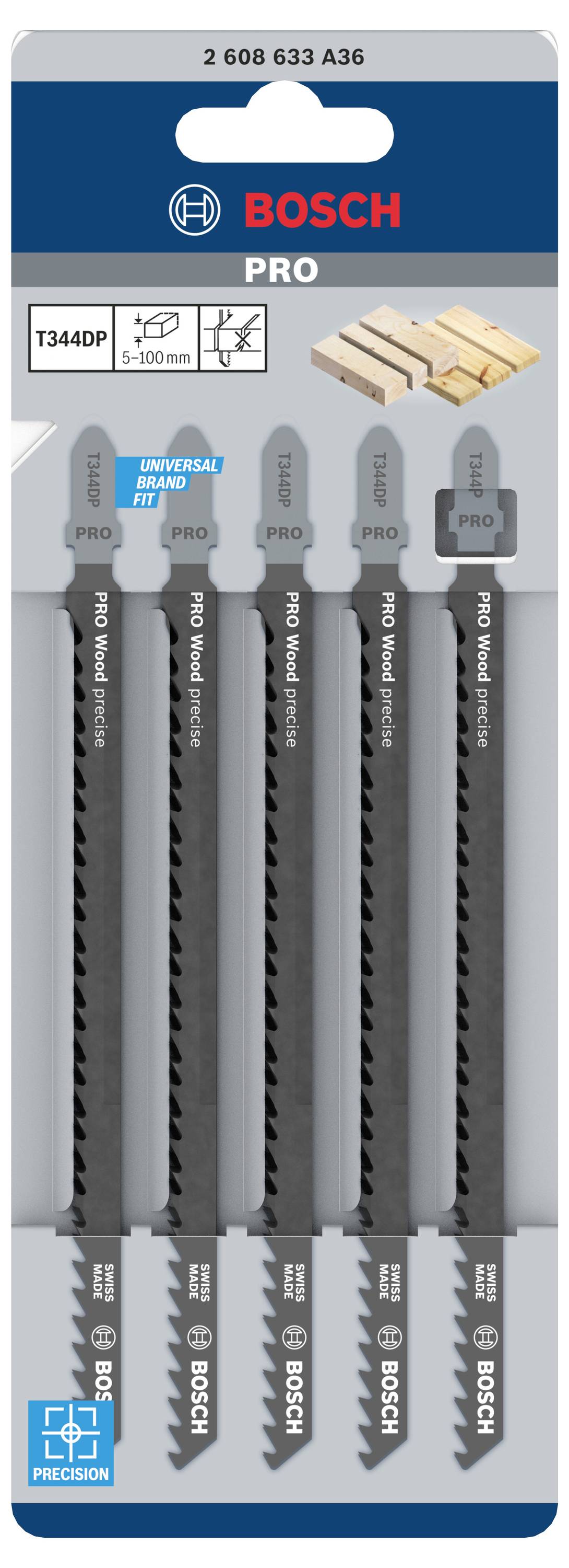 Brzeszczoty do wyrzynarki Bosch PRO T344DP, 5 sztuk, przeznaczone do drewna, oznaczone jako 'precision', wyprodukowane w Szwajcarii.