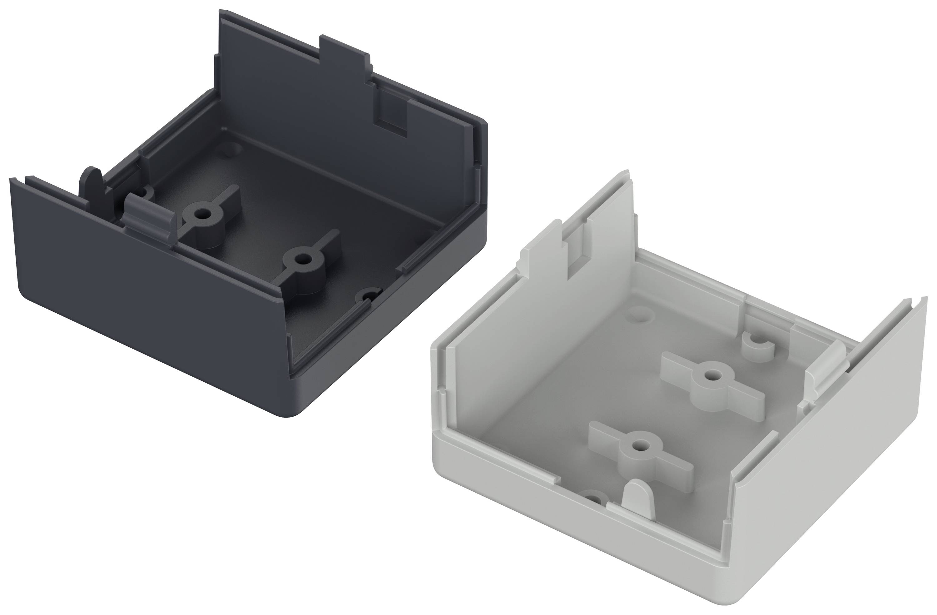 Dwa prostokątne obudowy z tworzywa sztucznego, jedna w kolorze czarnym, a druga w szarym, z mechanizmami mocującymi od spodu.