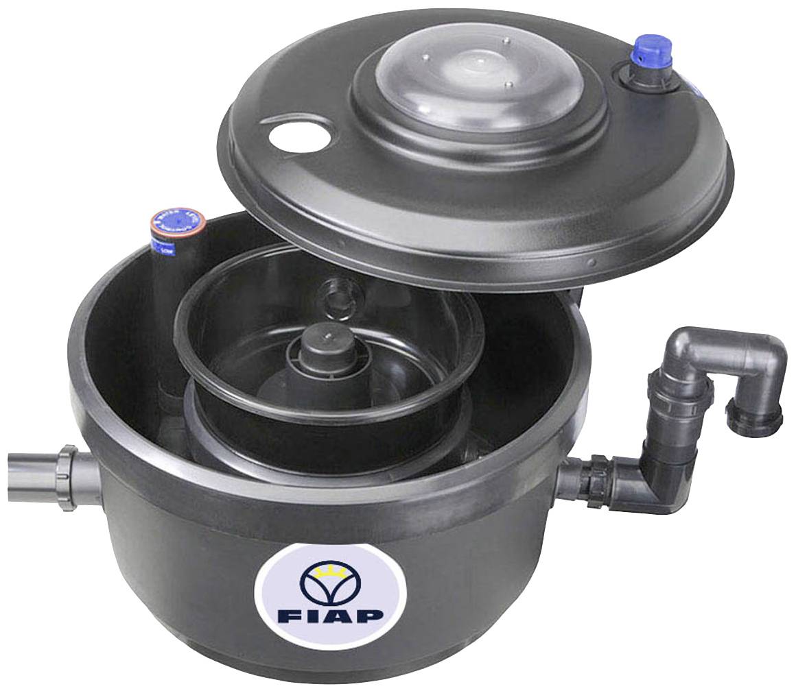 Otwarty okrągły filtr wodny z wieloma komorami i przyłączami, z logo 'FIAP' na przedniej części.