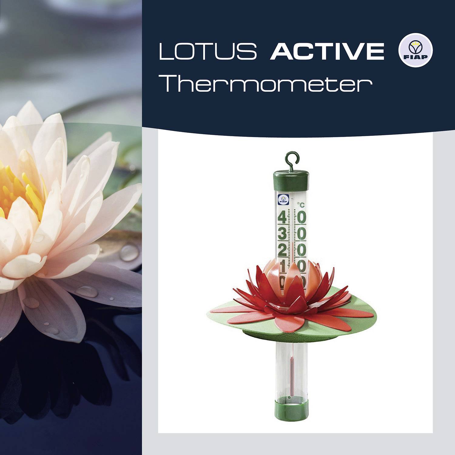 'Lotus Active Termometr' obok kwitnącego lotosu, wyświetla wskazanie temperatury za pomocą wbudowanego termometru w kształcie kwiatu.