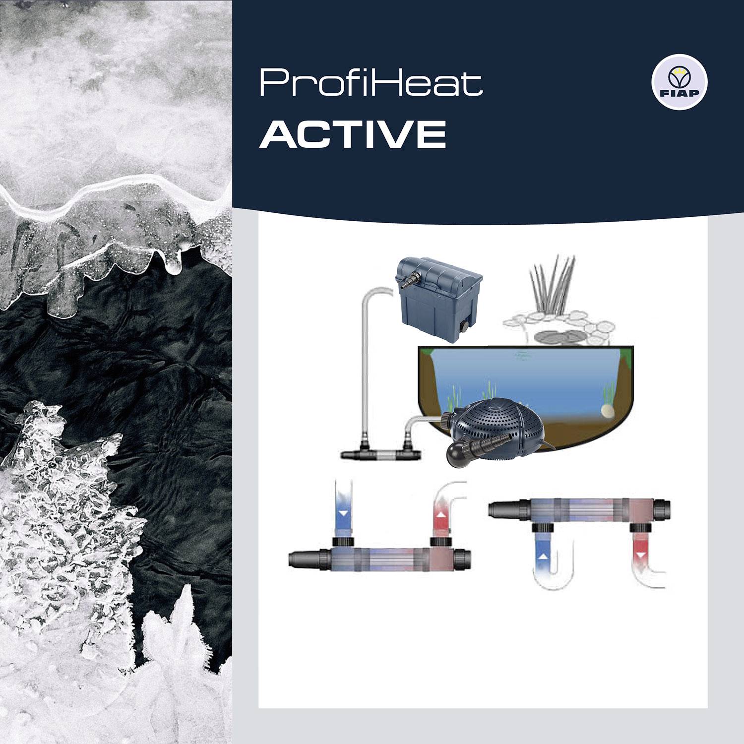 'ProfiHeat ACTIVE' prezentuje system grzewczy do stawów z pompami i rurami grzewczymi. Po lewej stronie lodowata woda, po prawej schematyczna ilustracja.