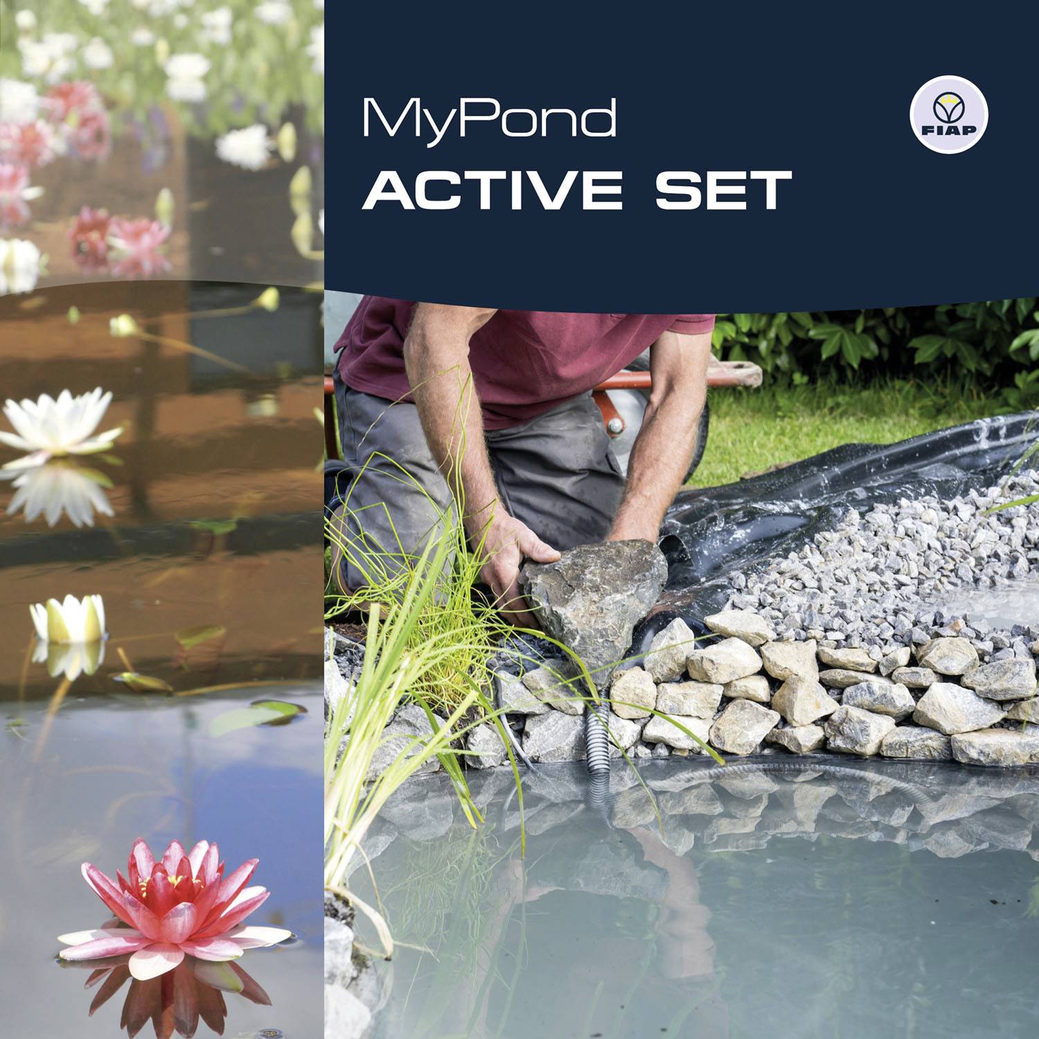 Mężczyzna pracuje przy stawie z zestawem MyPond Active. Widoczne są części stawu i czerwona nenufar, przylegające do kamieni.