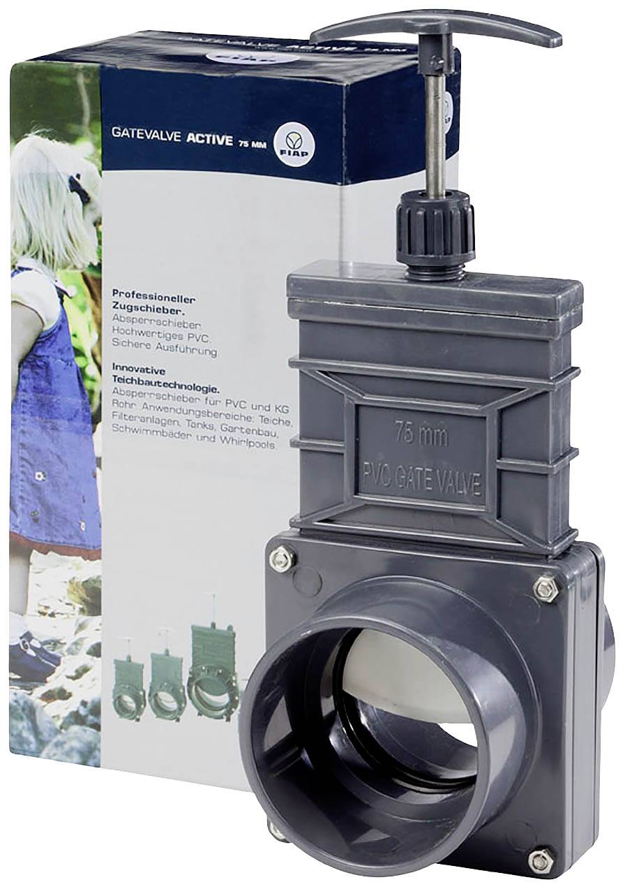 Zasuwa odcinająca z trwałego PVC z uchwytem ręcznym, odpowiednia do rur o średnicy 76 mm. Ilustracja na opakowaniu przedstawia zastosowanie produktu.