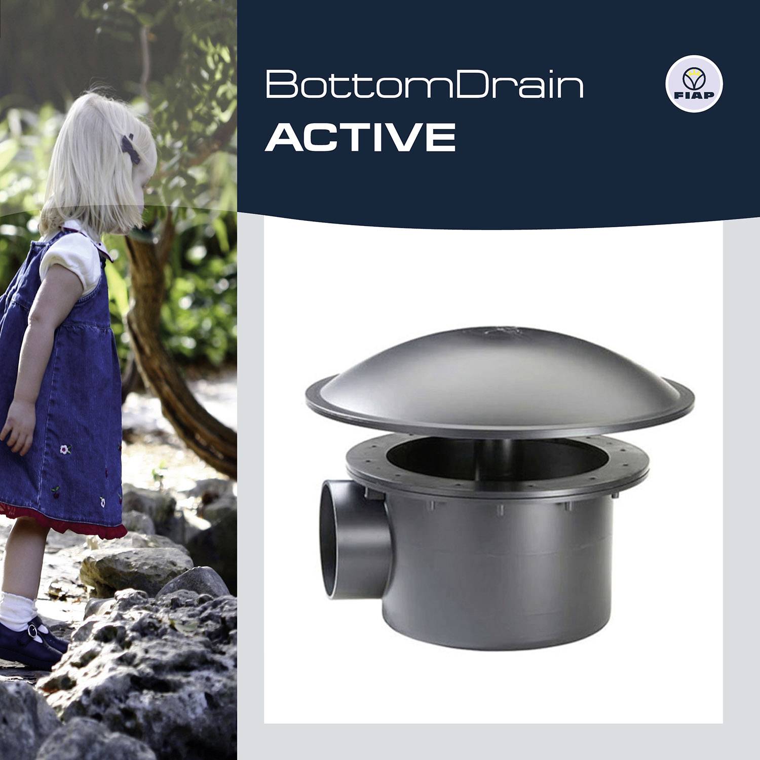 Zdjęcie produktowe 'BottomDrain ACTIVE'; po lewej stronie dziecko w ogrodzie, po prawej czarny odpływ denna do stawów firmy FIAP.