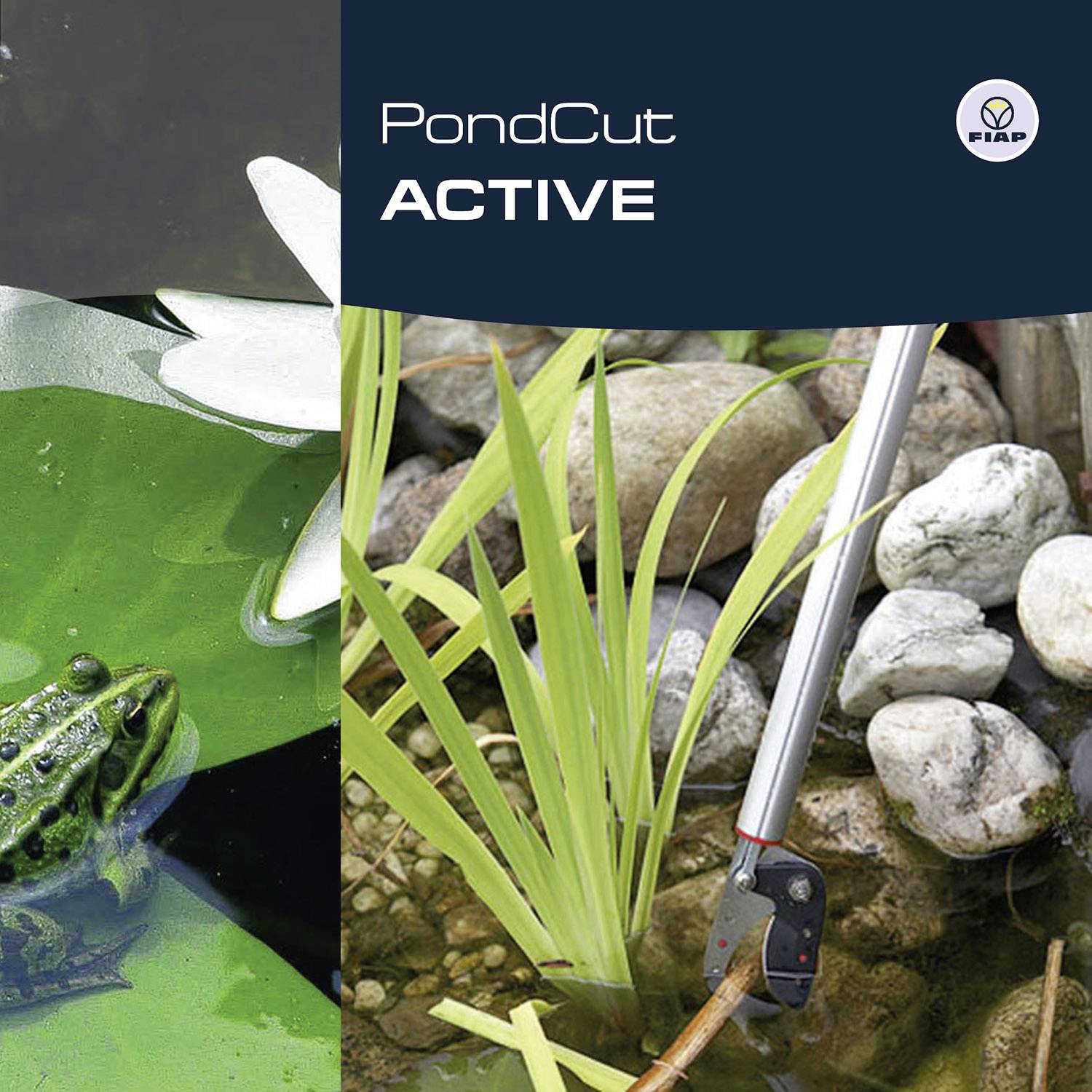 Reklama 'PondCut ACTIVE' prezentuje kamienie naturalne, rośliny wodne oraz żabę w stawie, z narzędziem do pielęgnacji stawów po prawej stronie obrazu.