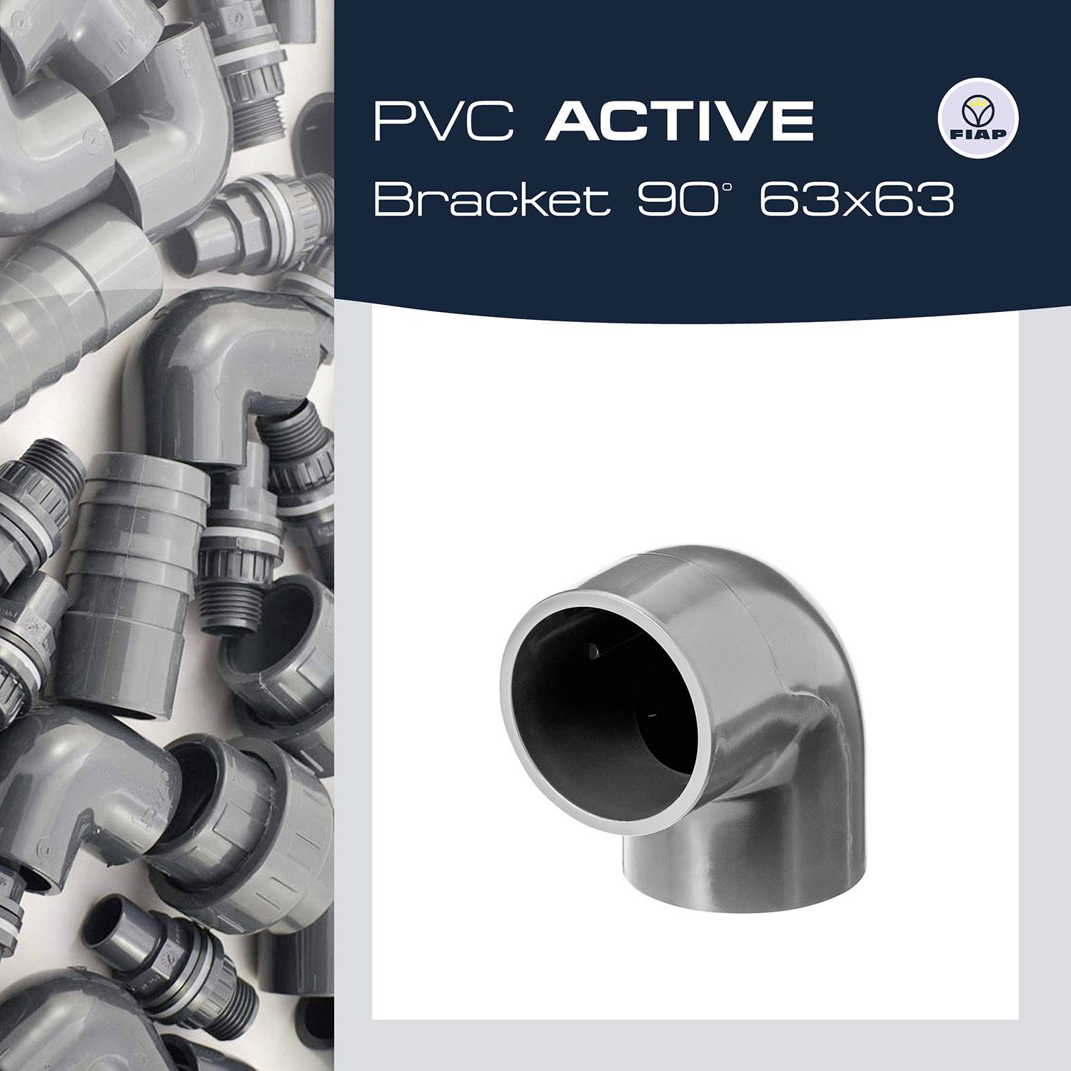 Element rurowy w kształcie 90-stopniowego kąta z PVC, wyeksponowany na tle wielu podobnych komponentów. Tekst: 'PVC ACTIVE Bracket 90° 63x63'.