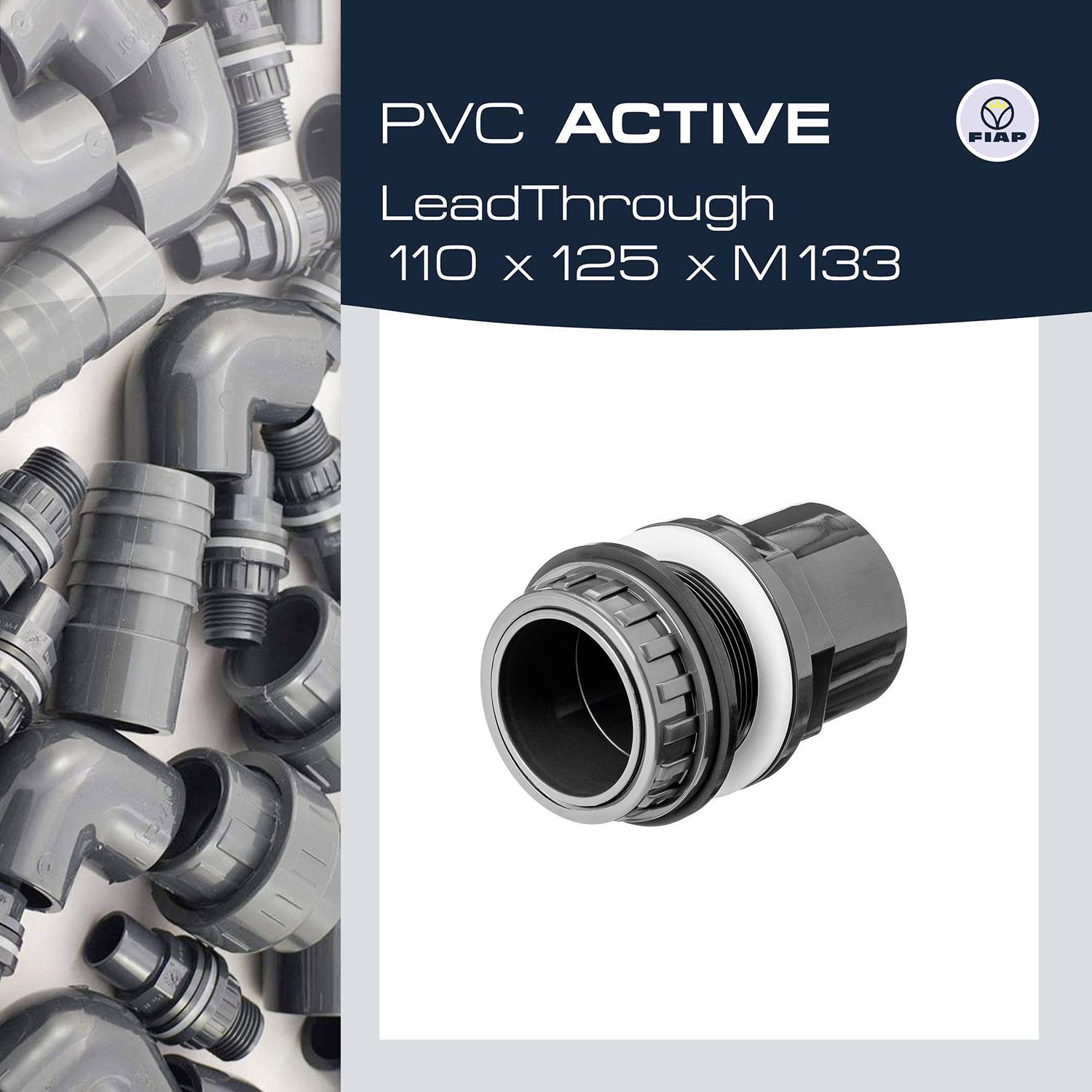 'PVC ACTIVE LeadThrough 110 x 125 x M133'. Zdjęcie przedstawia system rur PVC z różnymi szarymi elementami przyłączeniowymi PVC.
