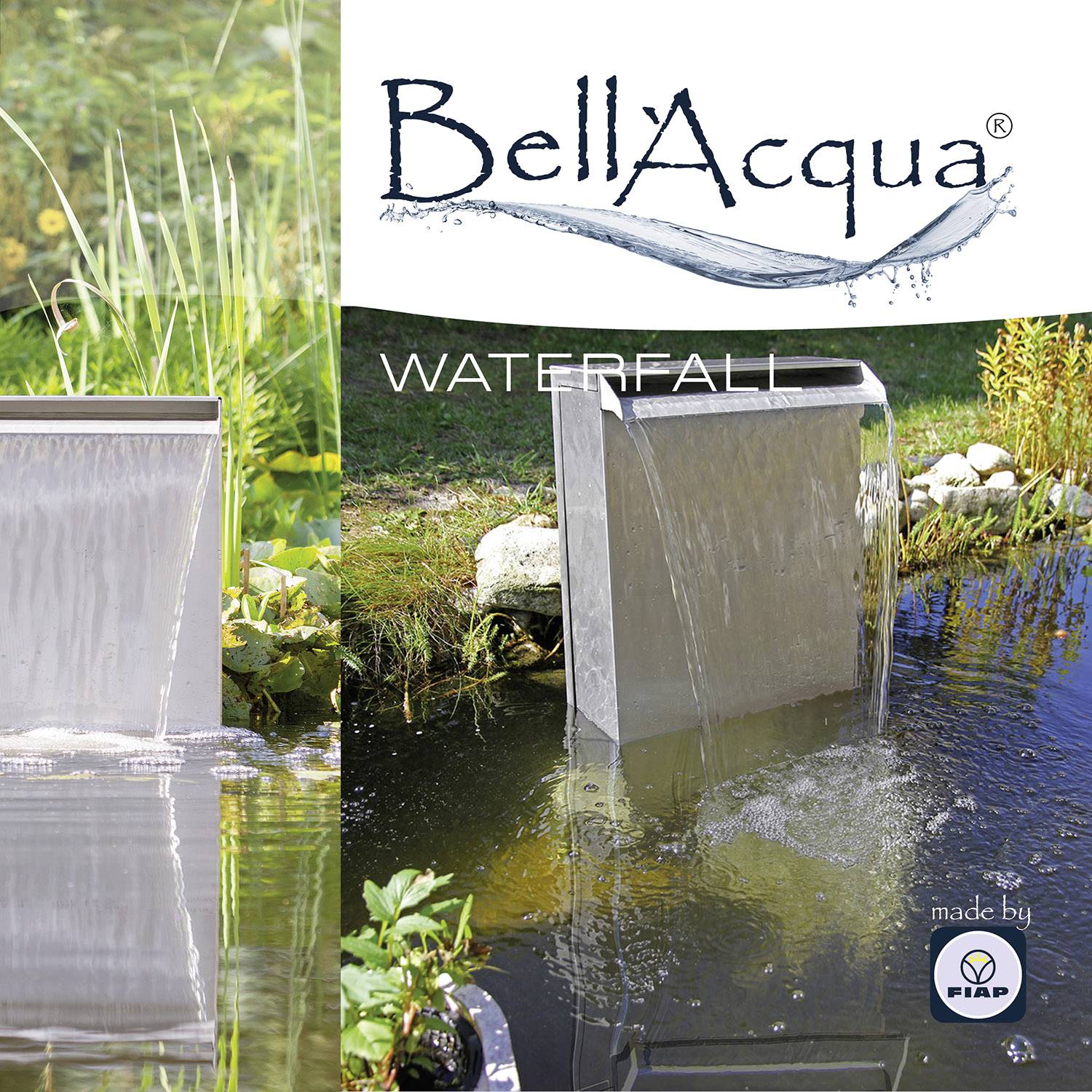 Zdjęcie produktowe 'BellAqua Waterfall' z nowoczesnym projektem wodospadu w ogrodzie. Logo 'made by FIAP'.