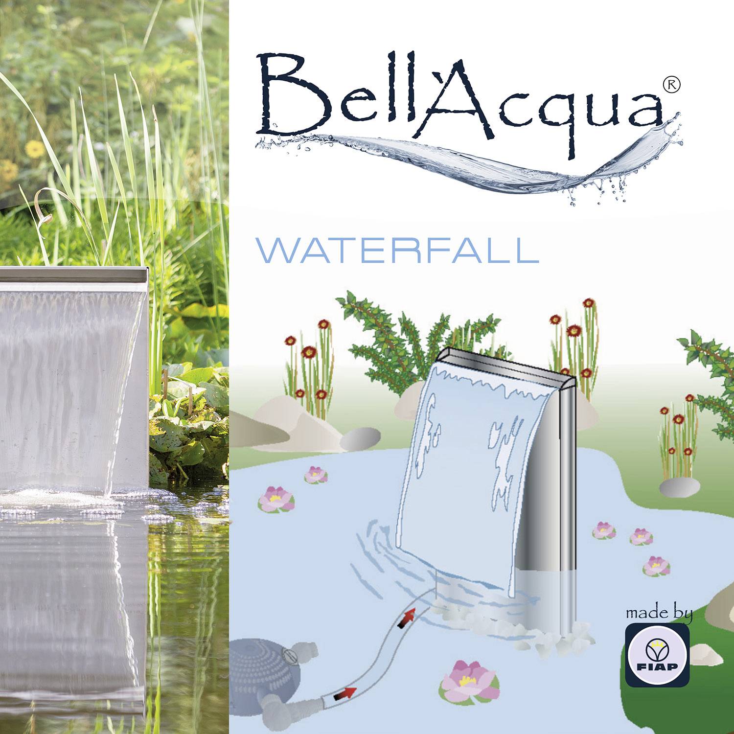 'BellAqua Wodospad' i 'WODOSPAD' widnieją nad ilustracyjnym obrazem wodospadu z roślinami. Po lewej stronie znajduje się prawdziwy, mały wodospad.