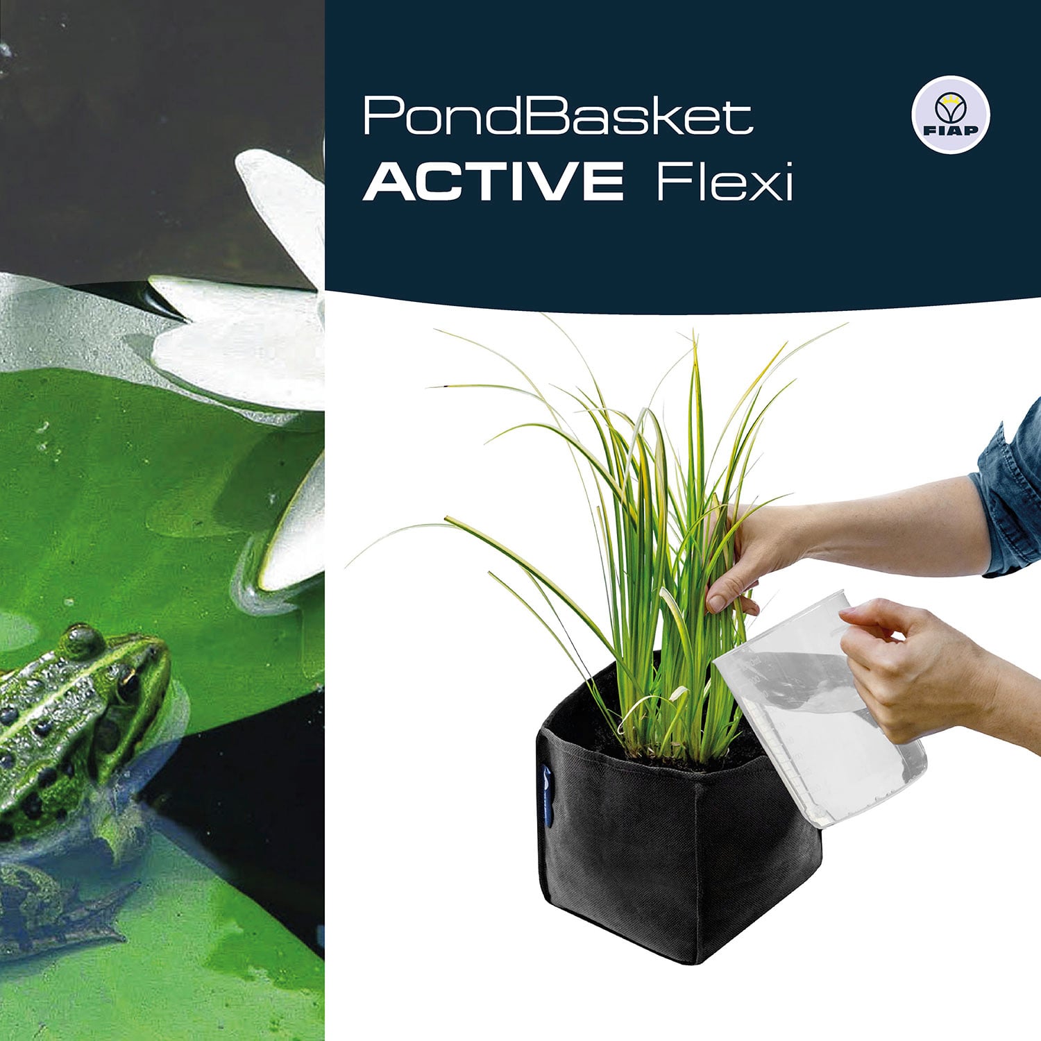 Zdjęcie produktowe 'PondBasket ACTIVE Flexi'. Po lewej: Żaba pływająca w stawie. Po prawej: Dłoń trzymająca elastyczny koszyk do roślin z częściowo wysoką trawą.