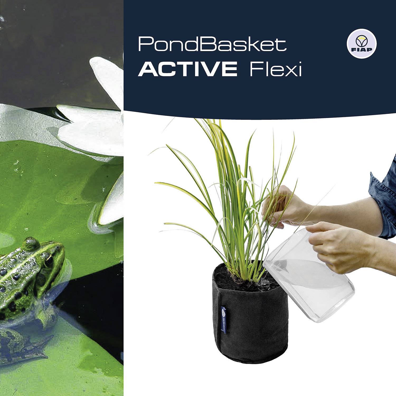 Po lewej stronie żaba w stawie, po prawej ręka podlewa roślinę w czarnym koszu. Na górze tekst 'PondBasket ACTIVE Flexi'.