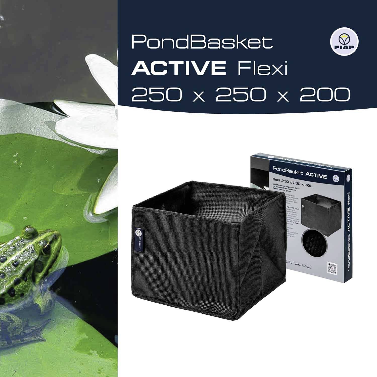 Koszyk do oczka wodnego 'PondBasket ACTIVE Flexi', 250 x 250 x 200 mm, czarny. Żaba siedzi na liściu w wodzie.