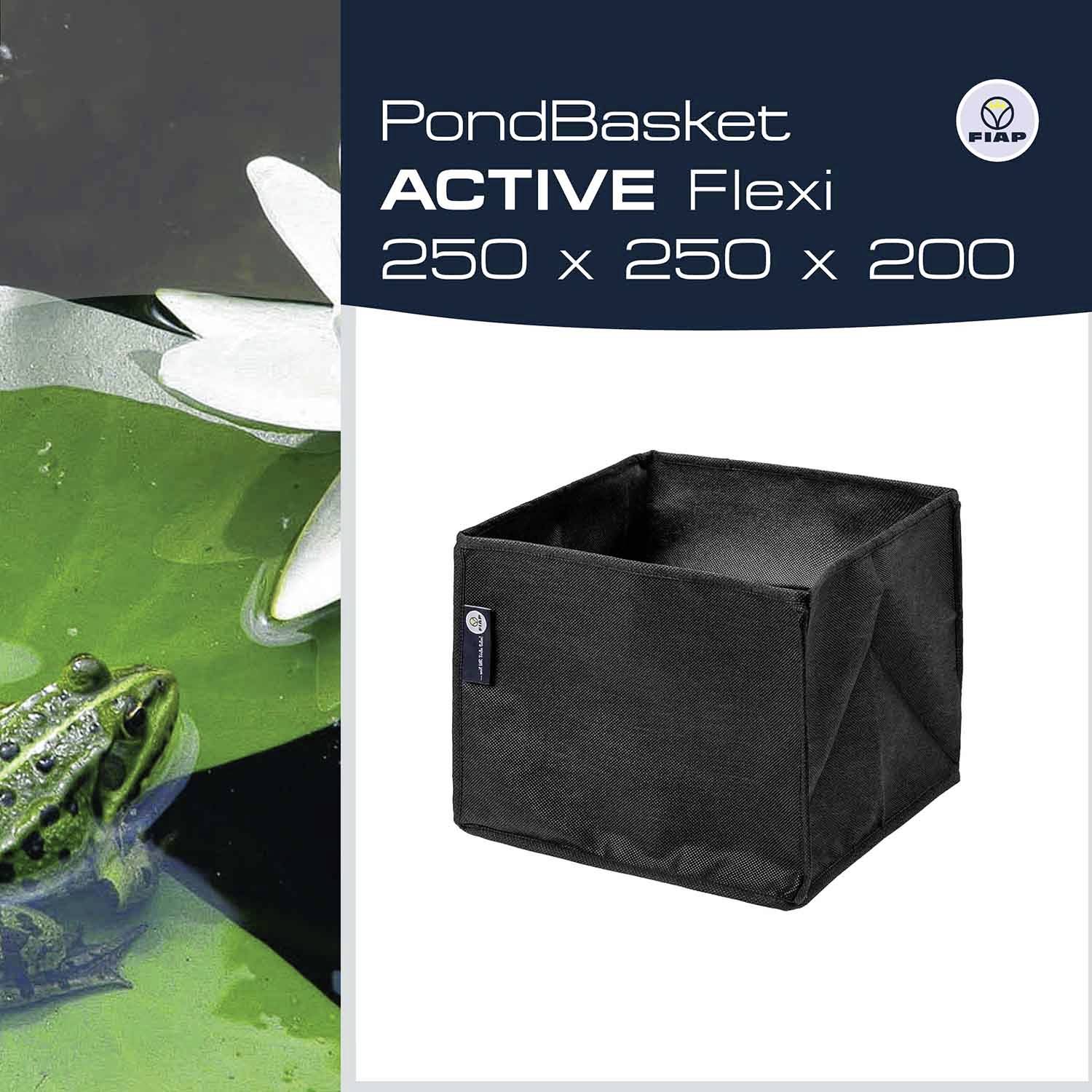 'PondBasket ACTIVE Flexi 250 x 250 x 200' Zdjęcie produktu. Po lewej: Żaba w stawie. Po prawej: Czarny, kwadratowy pojemnik.