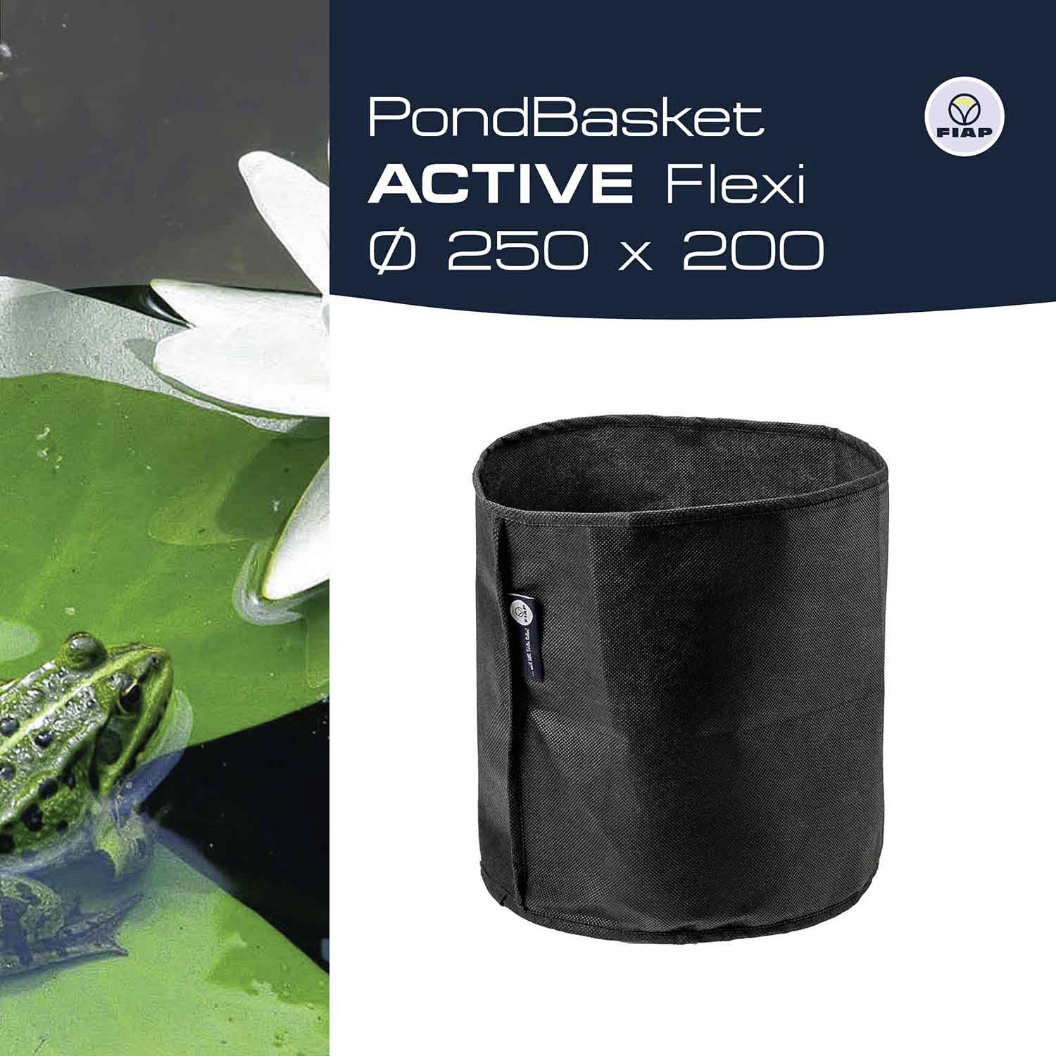 'PondBasket Active Flexi ⌀ 250 x 200' obok oczka wodnego z liściem lilii wodnej i żabą. Zdjęcie produktowe z logo marki w prawym górnym rogu.