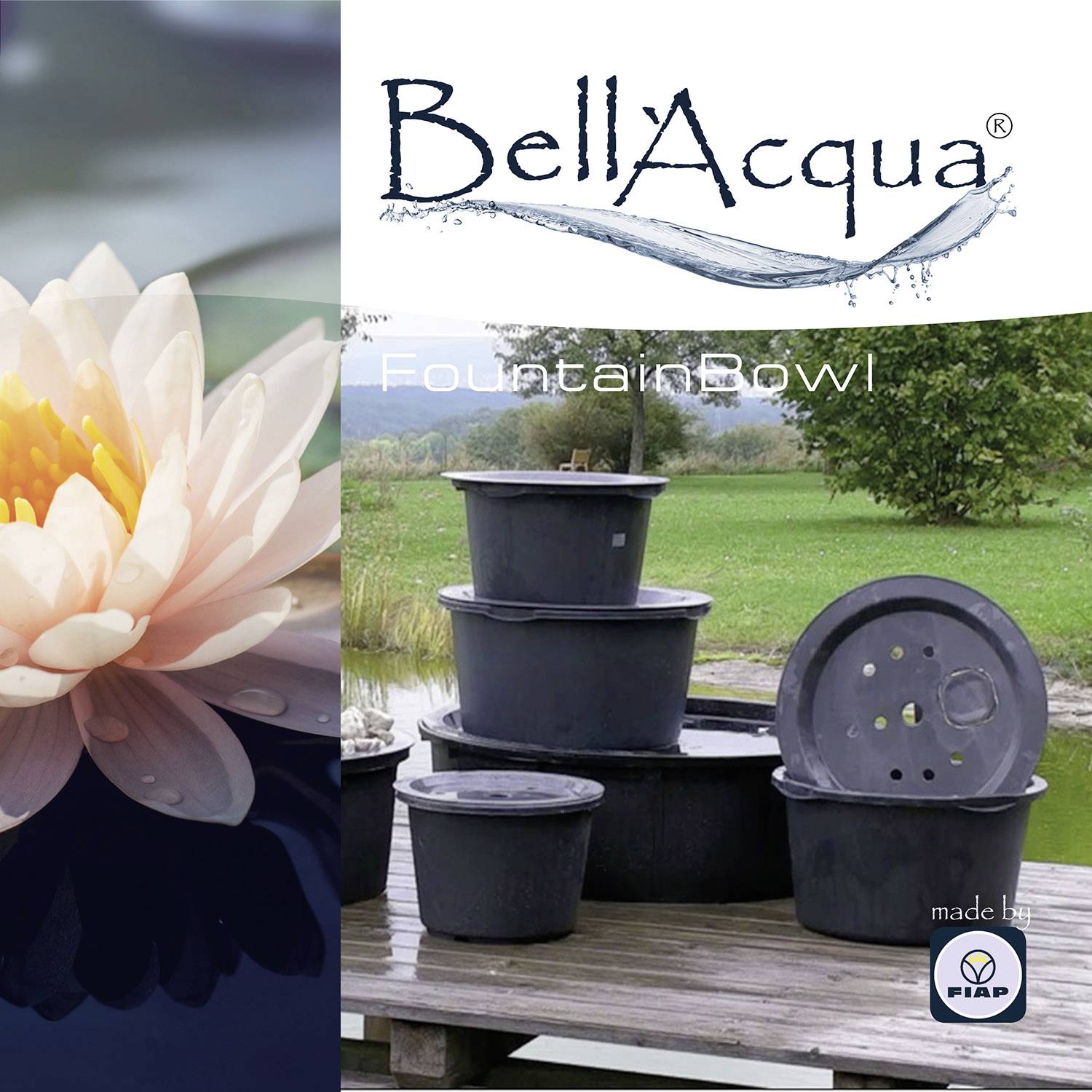 Lilia wodna unosi się w wodzie obok grupy okrągłych, szarych misek na drewnianej platformie. W tle widać zieloną krajobraz. Na górze widnieje napis 'BellAcqua Fountain Bowl'.