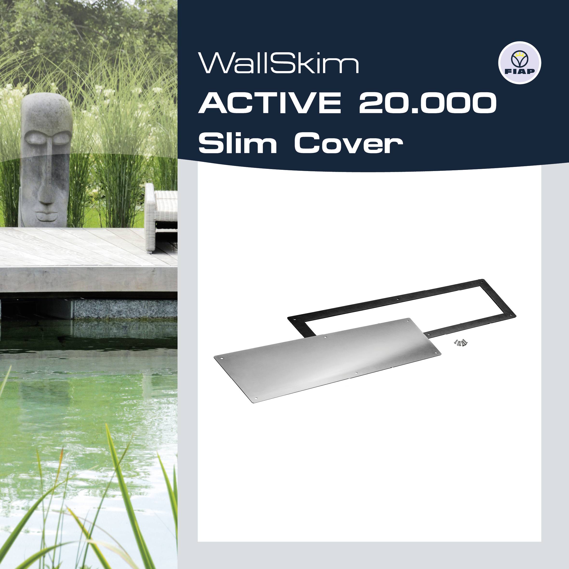 Reklama produktowa dla 'WallSkim ACTIVE 20.000 Slim Cover' firmy FIAP z obrazem nowoczesnej, prostokątnej kraty przykrywającej obok wodnej atrakcji.