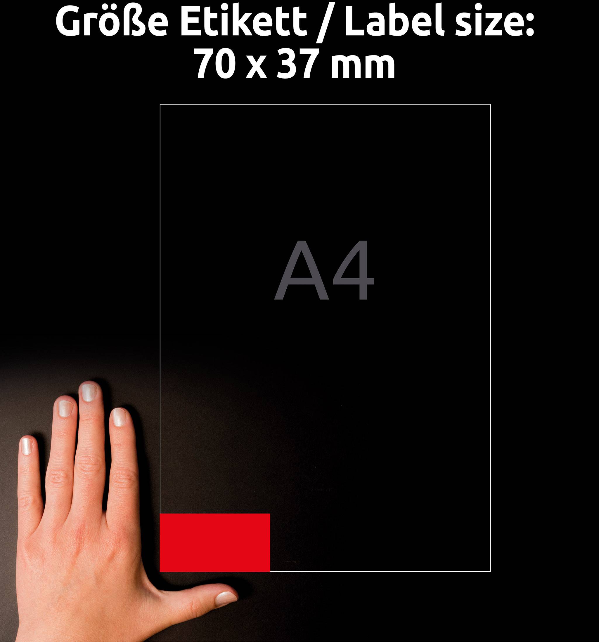 Dłoń wskazuje na czerwony prostokąt w lewym dolnym rogu kartki formatu A4. Tekst u góry: 'Rozmiar etykiety / Wielkość etykiety: 70 x 37 mm'.