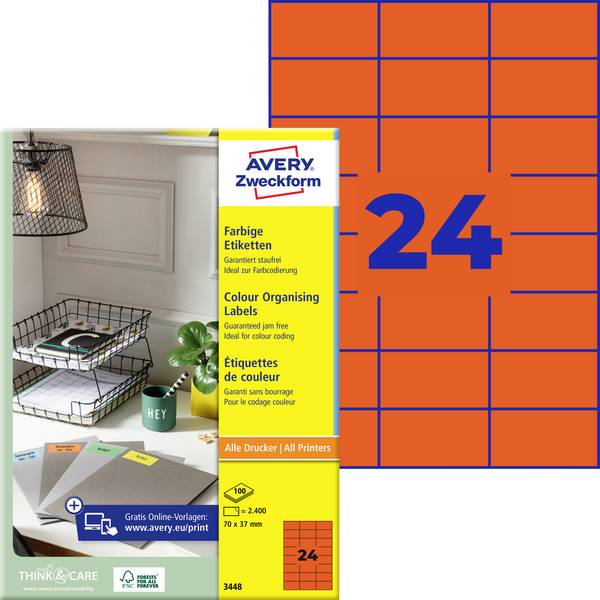 Avery-Zweckform 3448 Etykieta uniwersalna 70 x 37 mm Papier czerwony 2400 szt. Trwały Drukarka atramentowa, Drukarka Laserowa, Drukarka Laserowa, kolorowa, Kopiarka