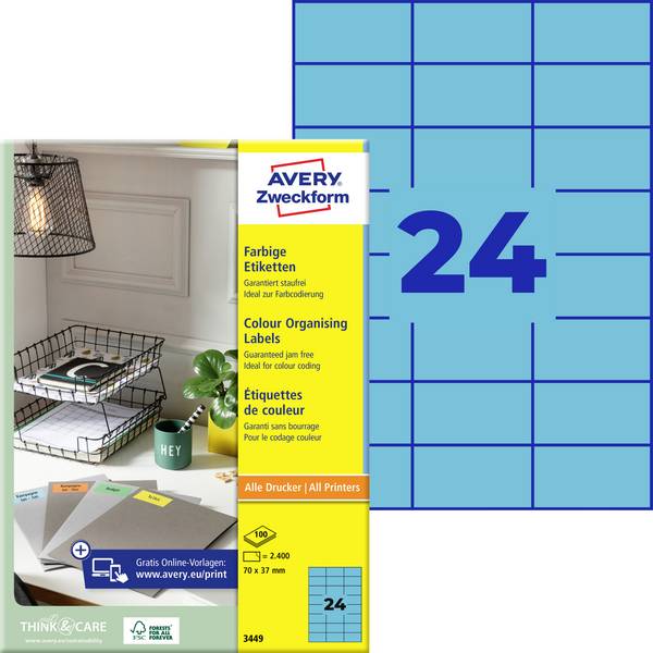 Avery-Zweckform 3449 Etykieta uniwersalna 70 x 37 mm Papier niebieski 2400 szt. Trwały Drukarka atramentowa, Drukarka Laserowa, Drukarka Laserowa, kolorowa, Kopiarka