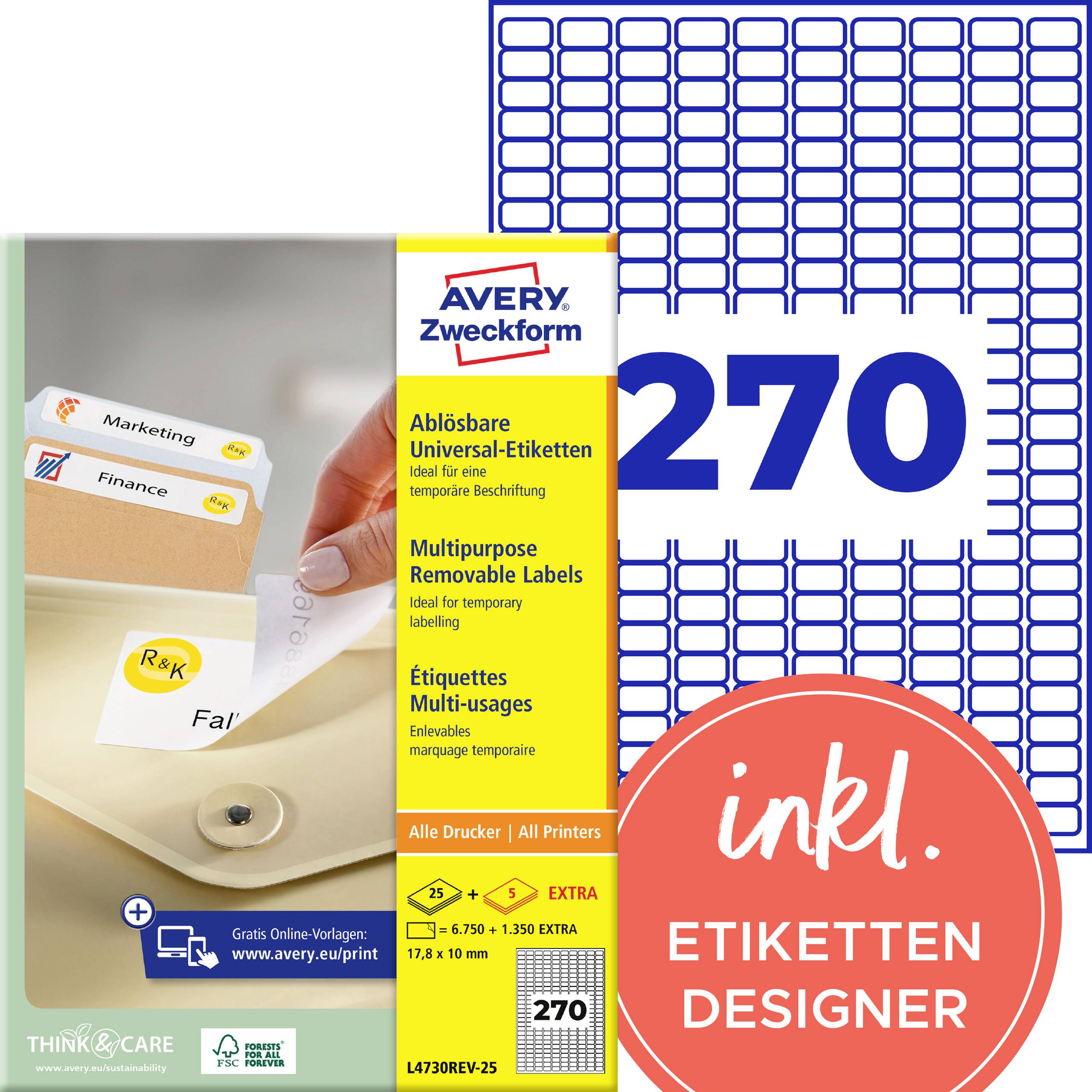 Opakowanie produktu etykiet zmywalnych Avery Zweckform, przedstawiające 270 białych etykiet z napisem "inkl. ETIKETTEN DESIGNER" i zdjęciem etykiet odlepianych od folderu.