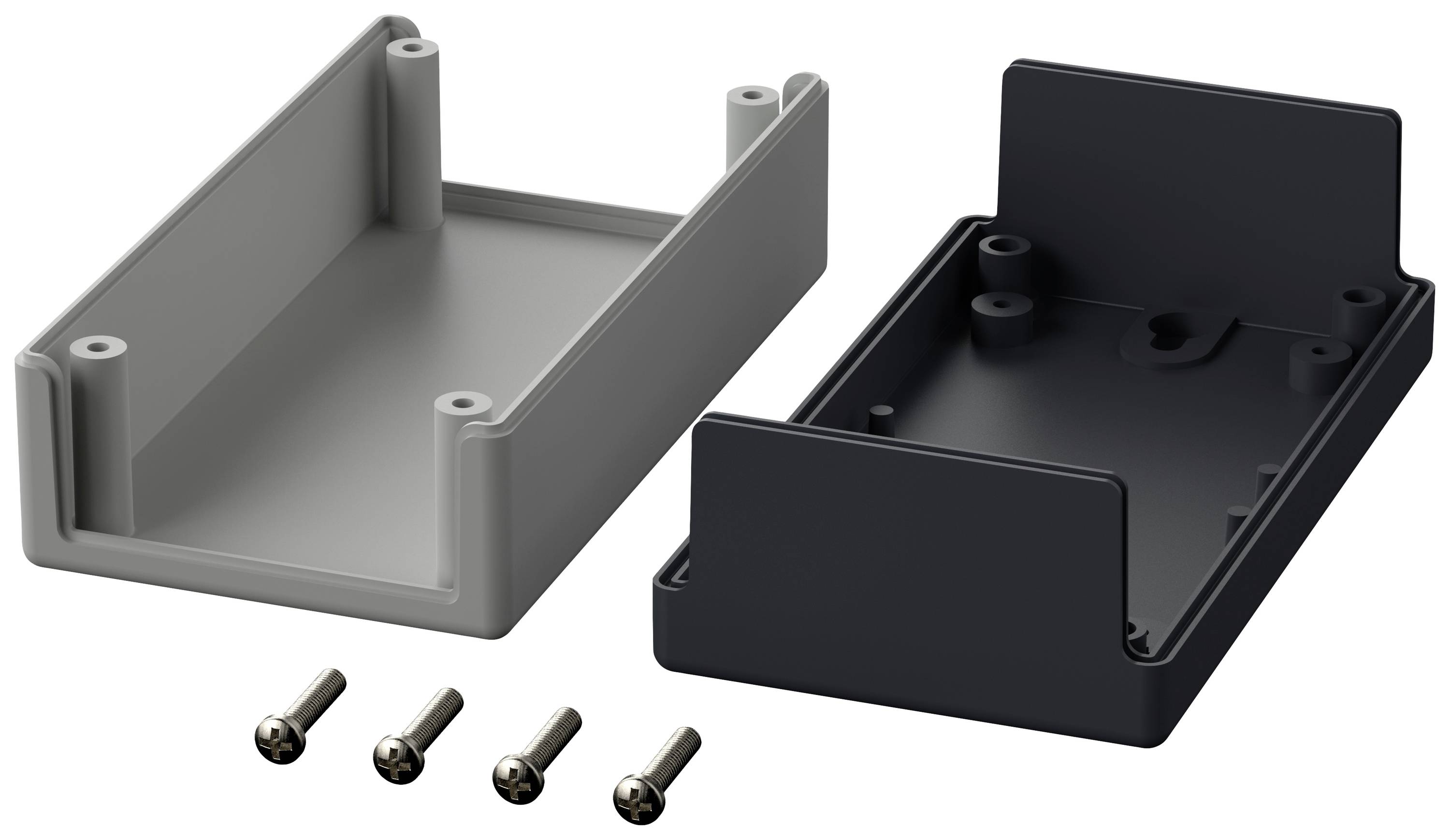 Obudowa z tworzywa sztucznego, w kolorach szarym i czarnym, przedstawiona w stanie otwartym. Zawiera cztery śruby do mocowania elementów.