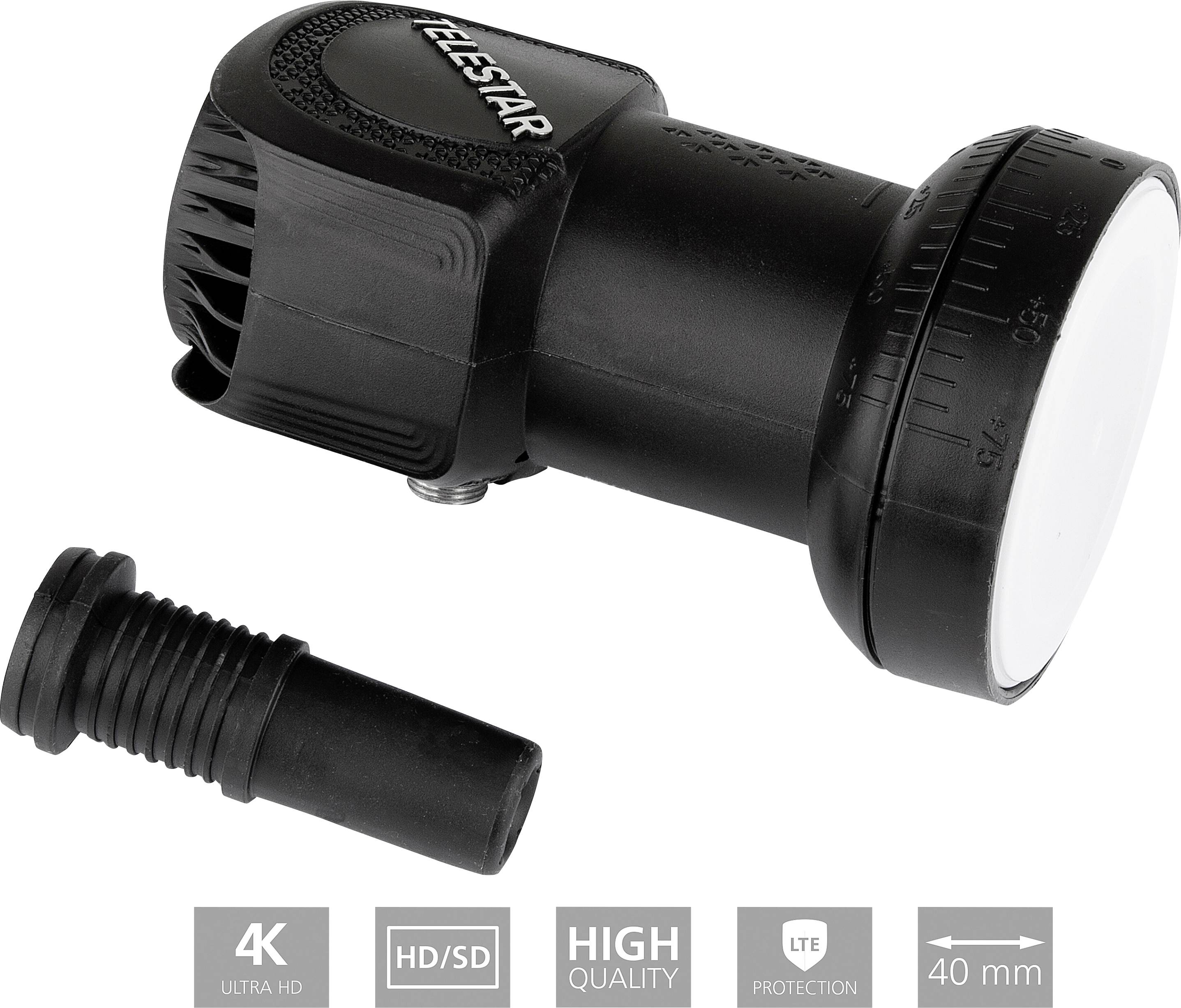 Czarny konwerter TV LNB o kształcie cylindrycznym z wymiennym złączem. Na dole znajdują się piktogramy oznaczające 4K UHD, HD/SD, wysoką jakość oraz ochronę LTE.