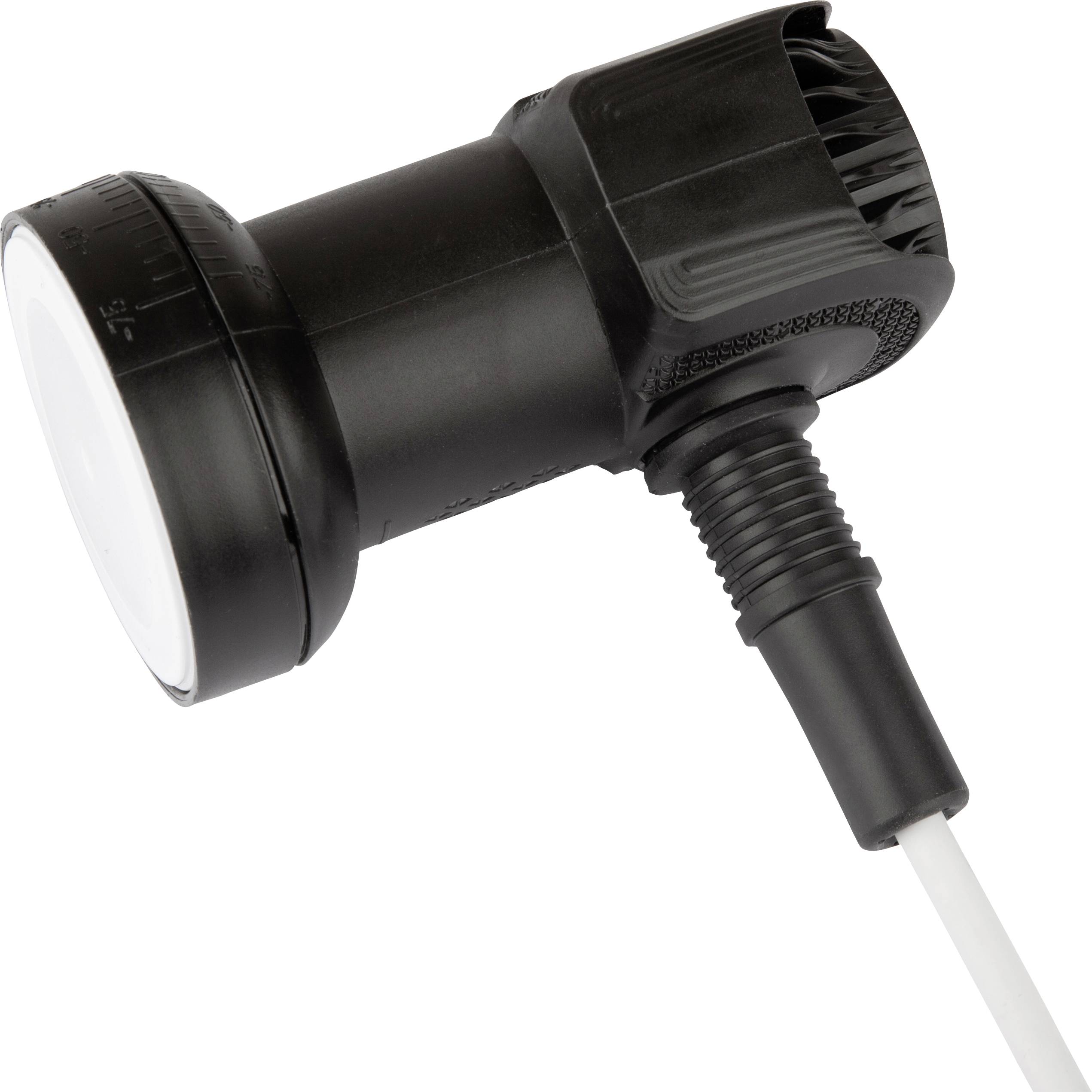 Czarny, cylindryczny reflektor LED z przewodem, odpowiedni do oświetlenia lub instalacji w przestrzeniach zewnętrznych.