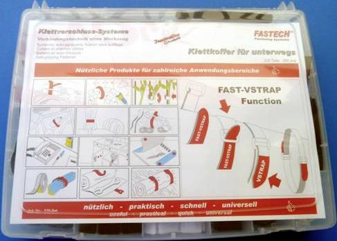 Opakowanie systemu zapinek rzepowych firmy Fastech. Ilustracja przedstawia możliwości zastosowania i funkcje zapinek.