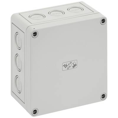 Szaro-biała elektryczna puszka przyłączeniowa z zaokrąglonymi narożnikami i czterema widocznymi śrubami w rogach.