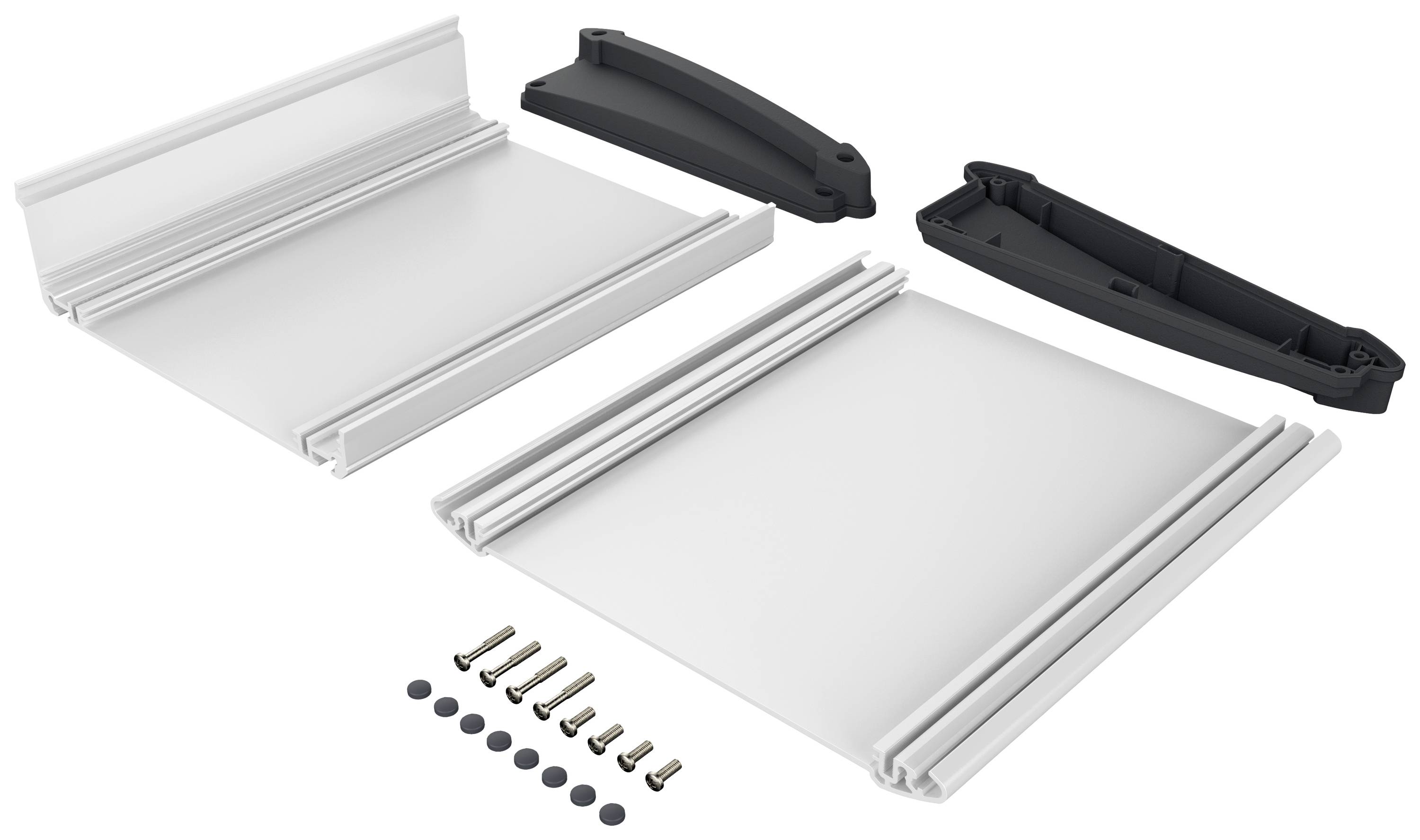 Elementy kompletnego zestawu bagażnika dachowego, w tym dwie podłużne szyny metalowe, czarne uchwyty z tworzywa sztucznego, śruby i uszczelnienia.