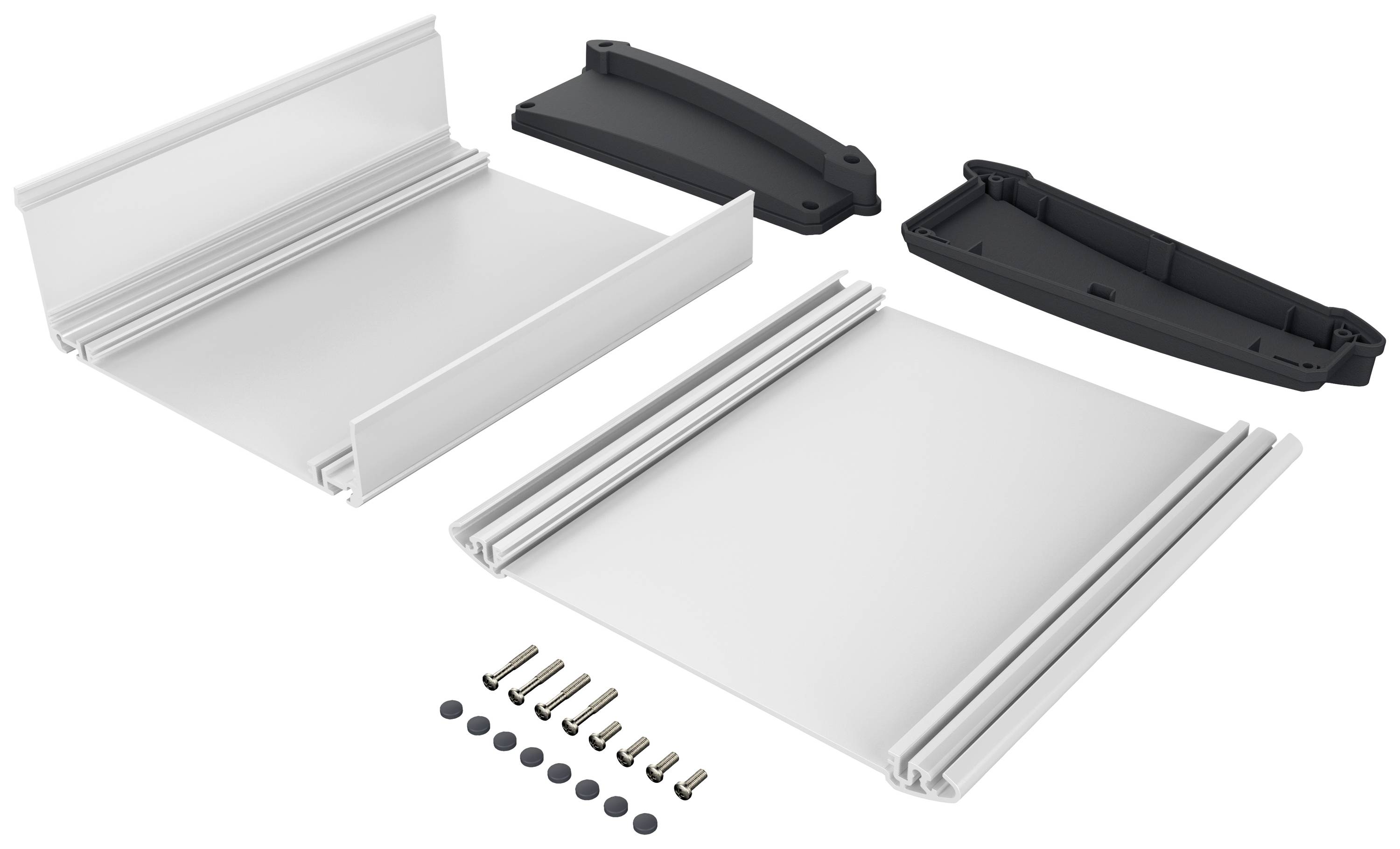 Elementy regału: dwie białe półki, czarne uchwyty i śruby do montażu.