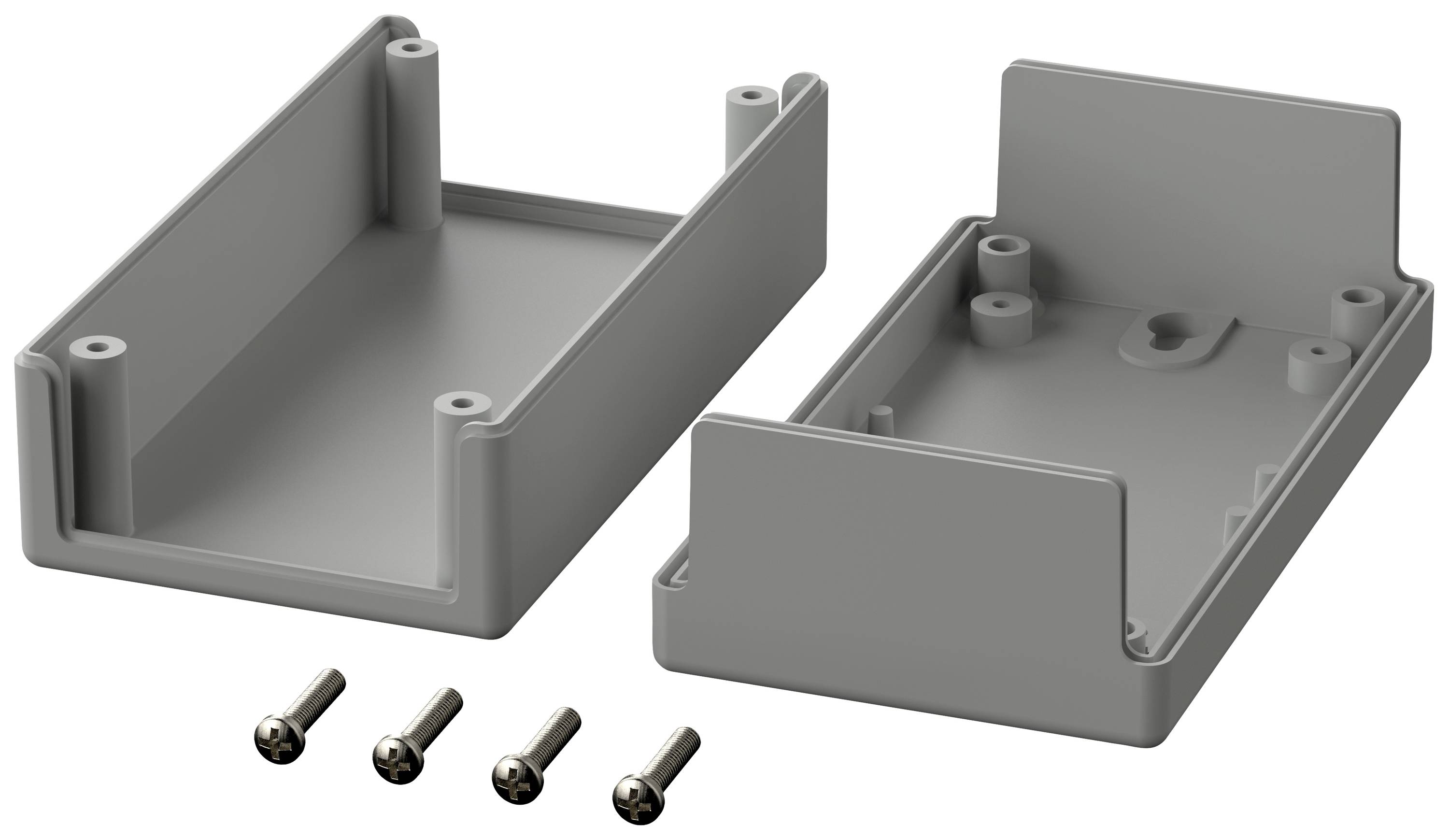 Szare obudowa elektroniczna z tworzywa sztucznego, składająca się z dwóch części, z czterema śrubami.