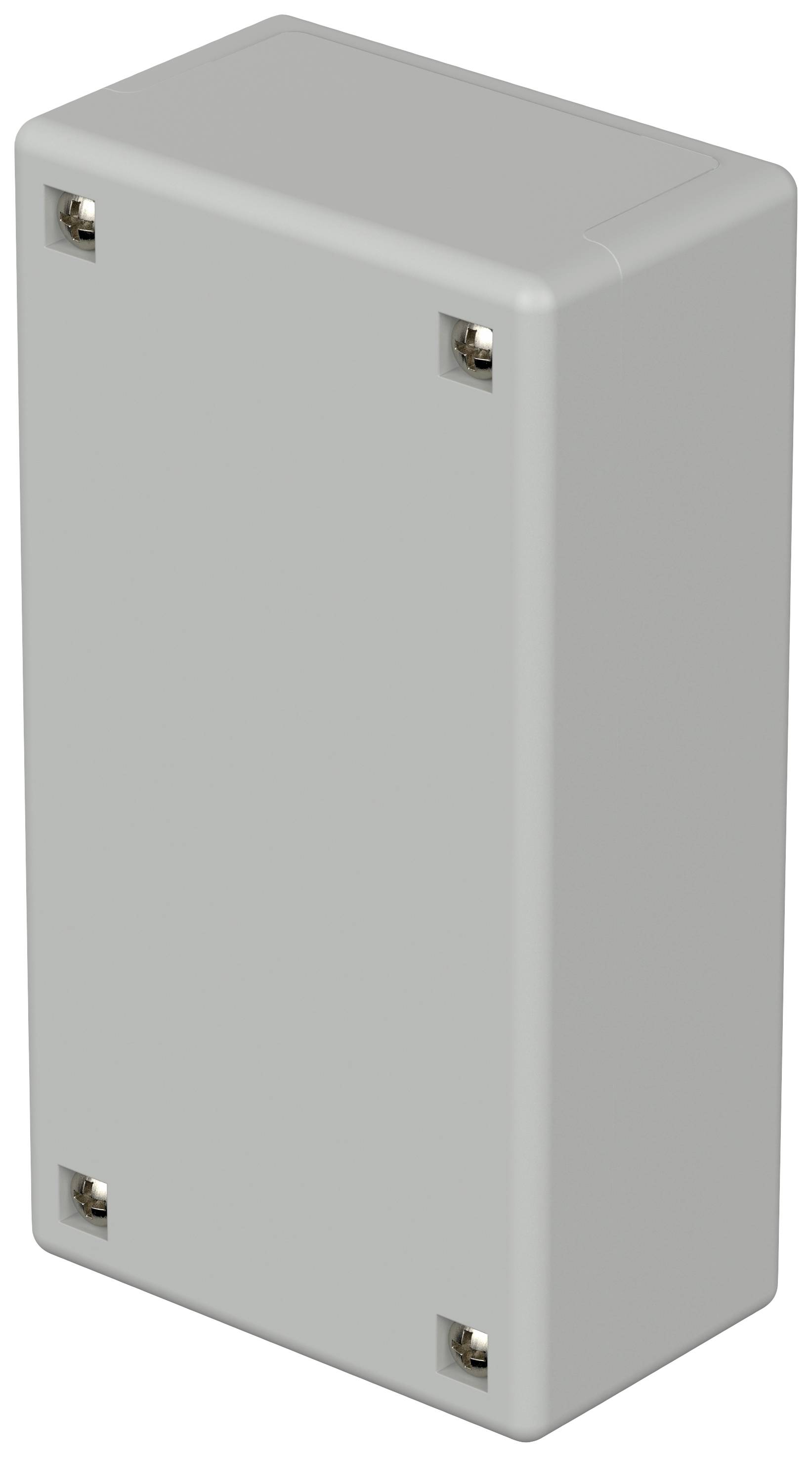Prostokątne, szare pudełko z tworzywa sztucznego z czterema widocznymi śrubami w narożnikach do mocowania.