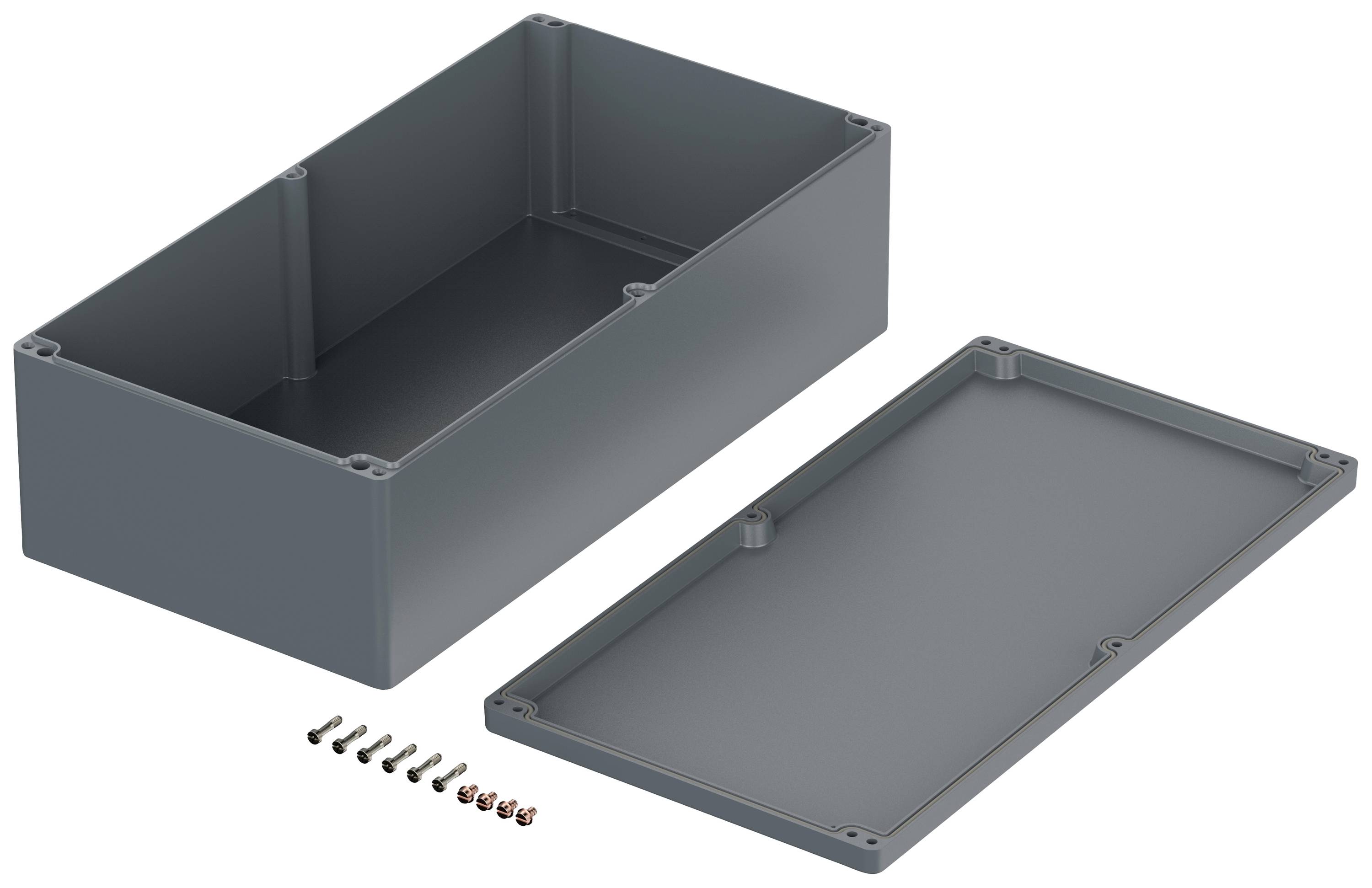 Szare, prostokątne pudełko ze zdjętą pokrywką, obok niego kilka śrub. Idealne do przechowywania komponentów elektronicznych.