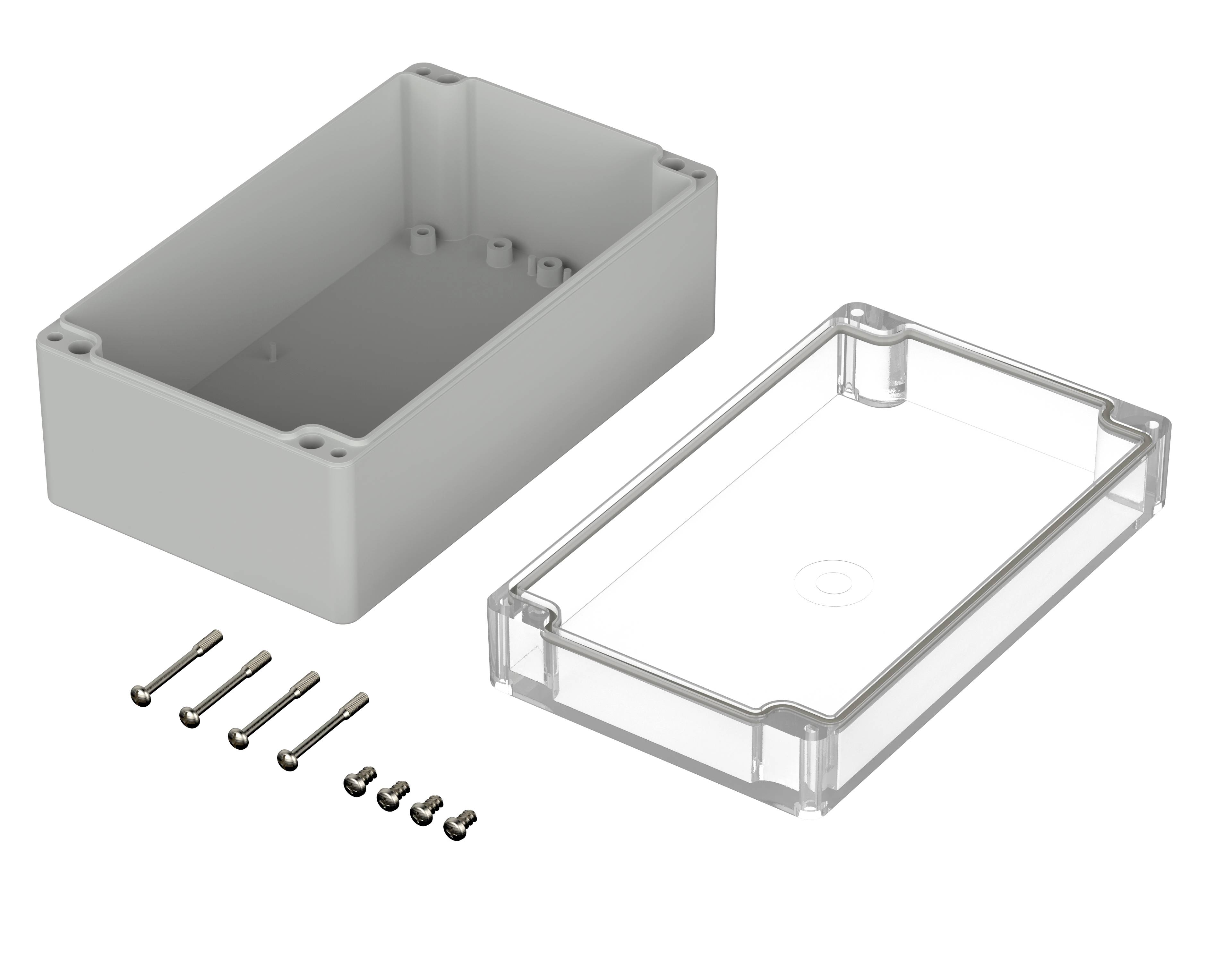 Zestaw obudowy składający się z prostokątnej, szarej podstawy i przezroczystej pokrywy, wraz z odpowiednimi śrubami.