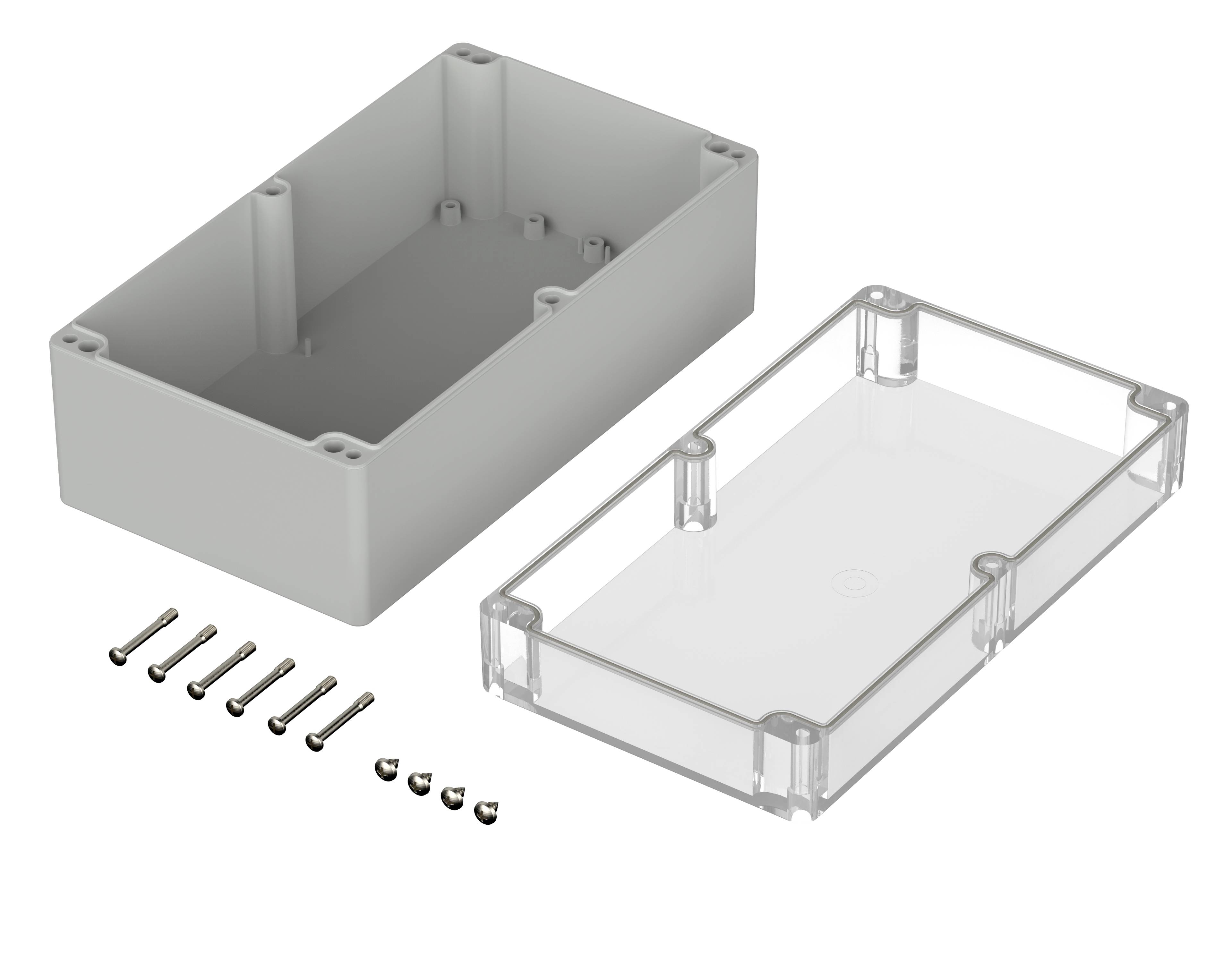 Obudowa z szarego tworzywa sztucznego z przezroczystą pokrywą, obok niej osiem śrub. Idealna do hermetyzacji elektroniki.