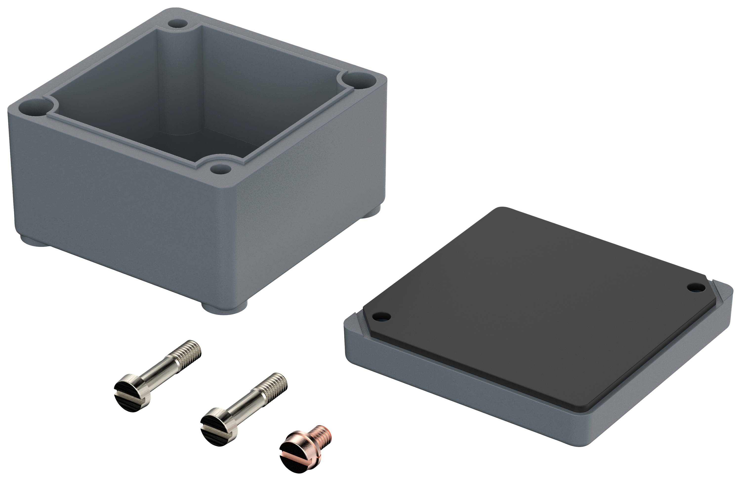 Szara, kwadratowa plastikowa skrzynka z zdejmowaną pokrywą i dwoma śrubami. Skrzynka otwarta, obok leży pokrywa i śruby.