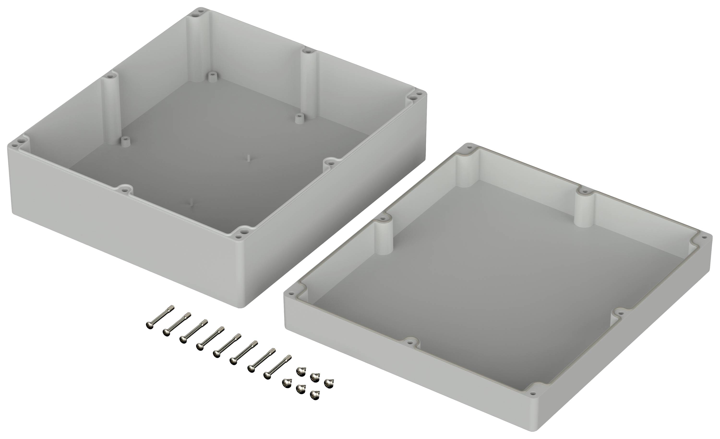 Dwa kwadratowe, szare obudowy z tworzywa sztucznego ułożone obok siebie, z widocznymi śrubami; przedstawiają złożone elementy systemu obudowy.