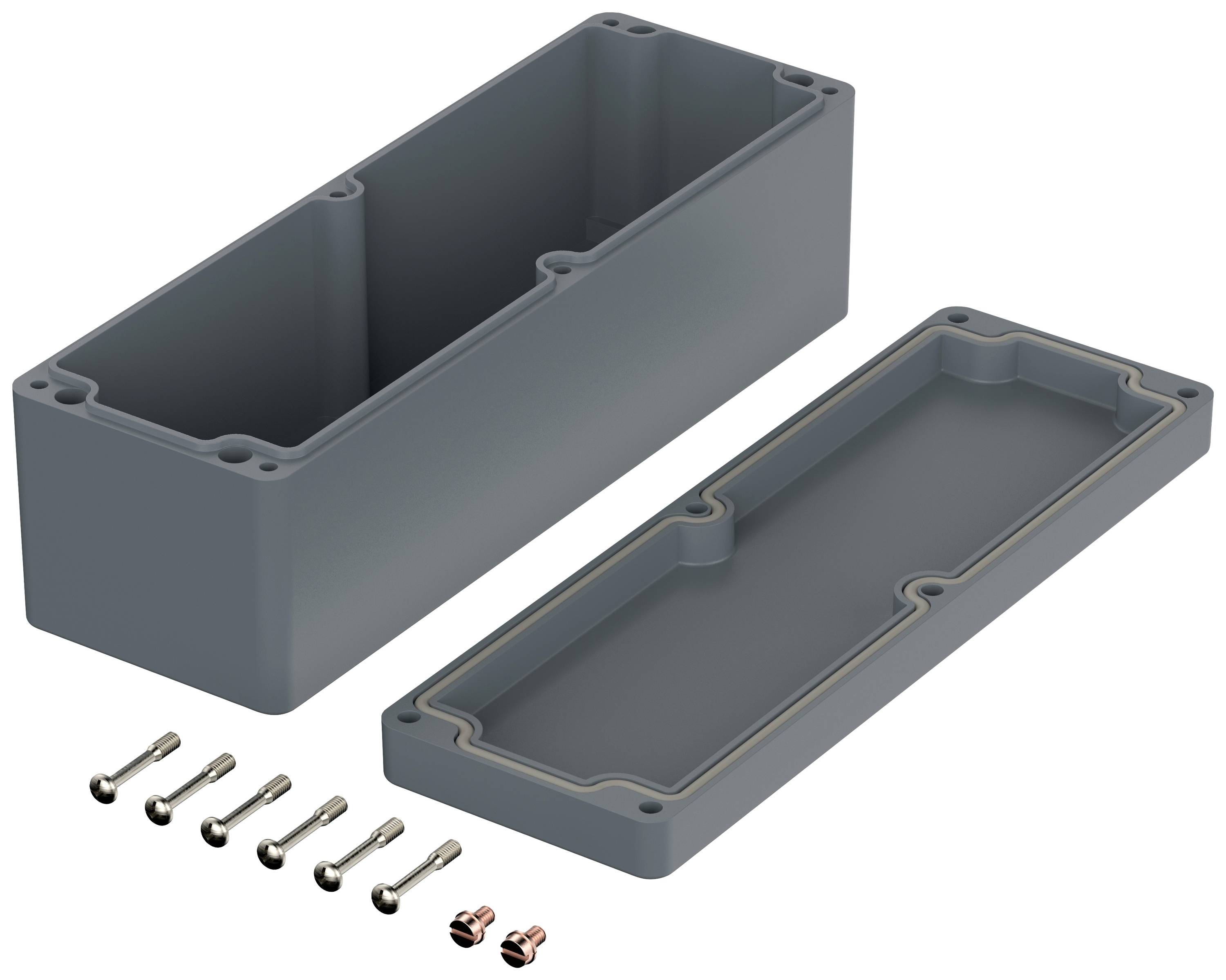 Szary, prostokątny obudowa z odkręconym pokrywą, widocznych osiem śrub, ukazuje wnętrze oraz elementy mocujące.