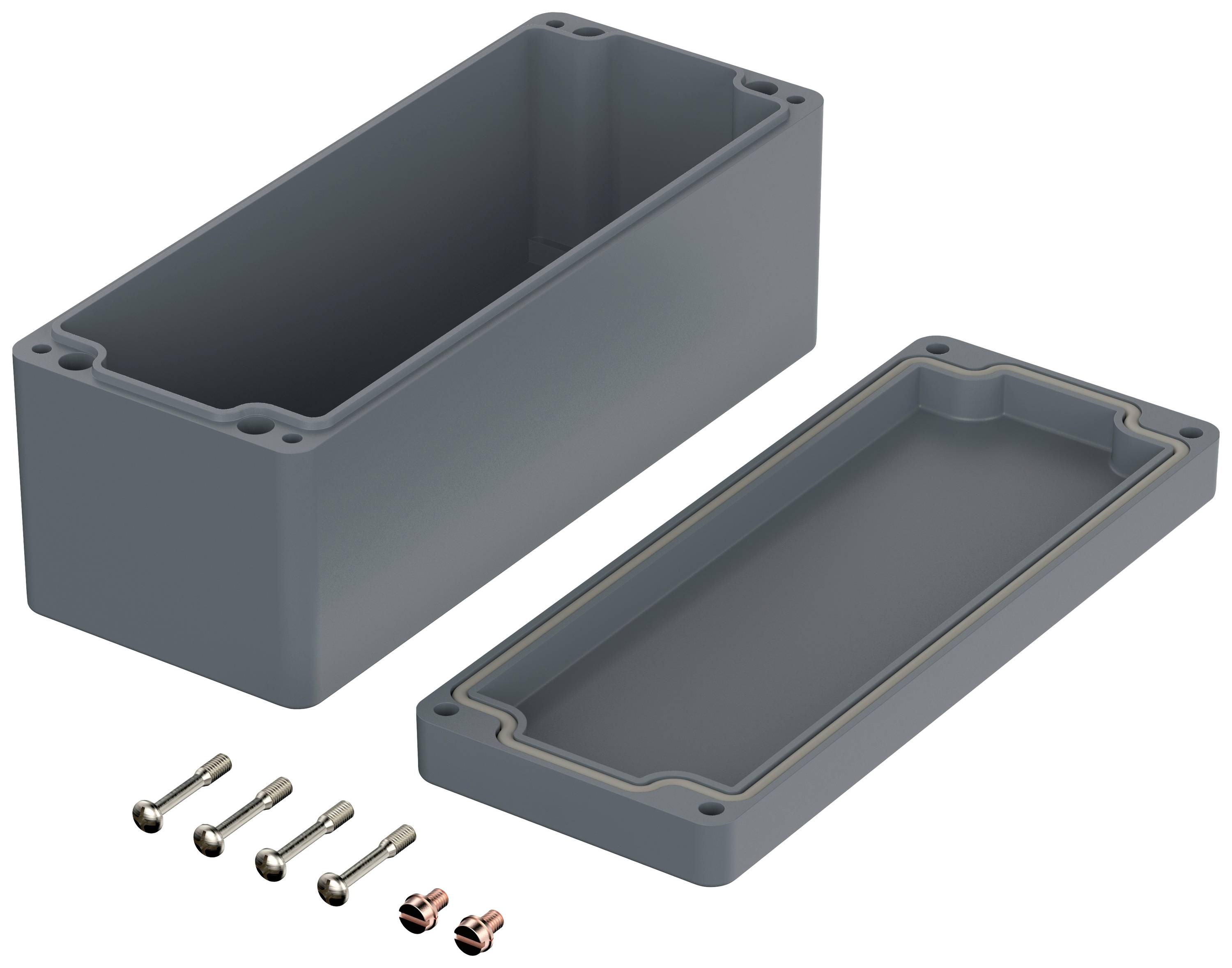 Szare obudowy z tworzywa sztucznego z zdejmowaną pokrywą, czterema śrubami i ramką uszczelniającą. Odpowiednie do komponentów elektronicznych.