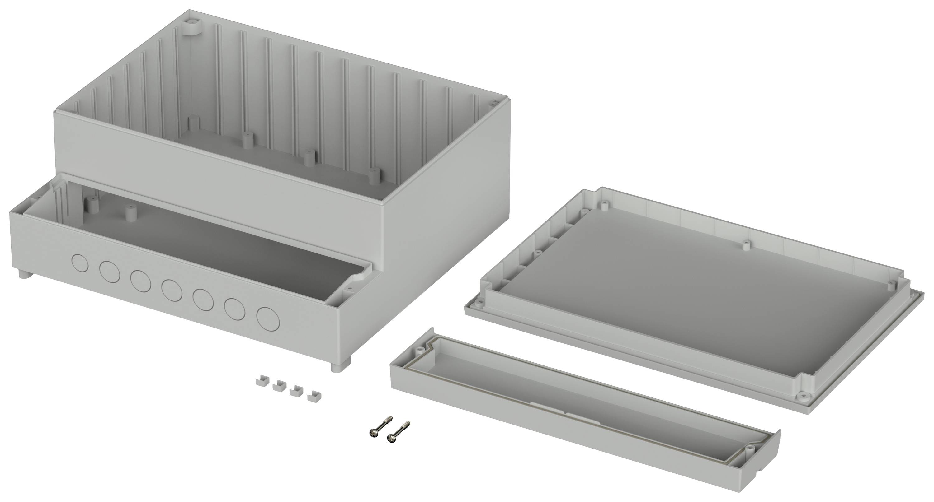 Obudowa otwarta w częściach składowych z zdejmowanymi pokrywami i śrubami, prawdopodobnie przeznaczona do montażu elementów elektrycznych.