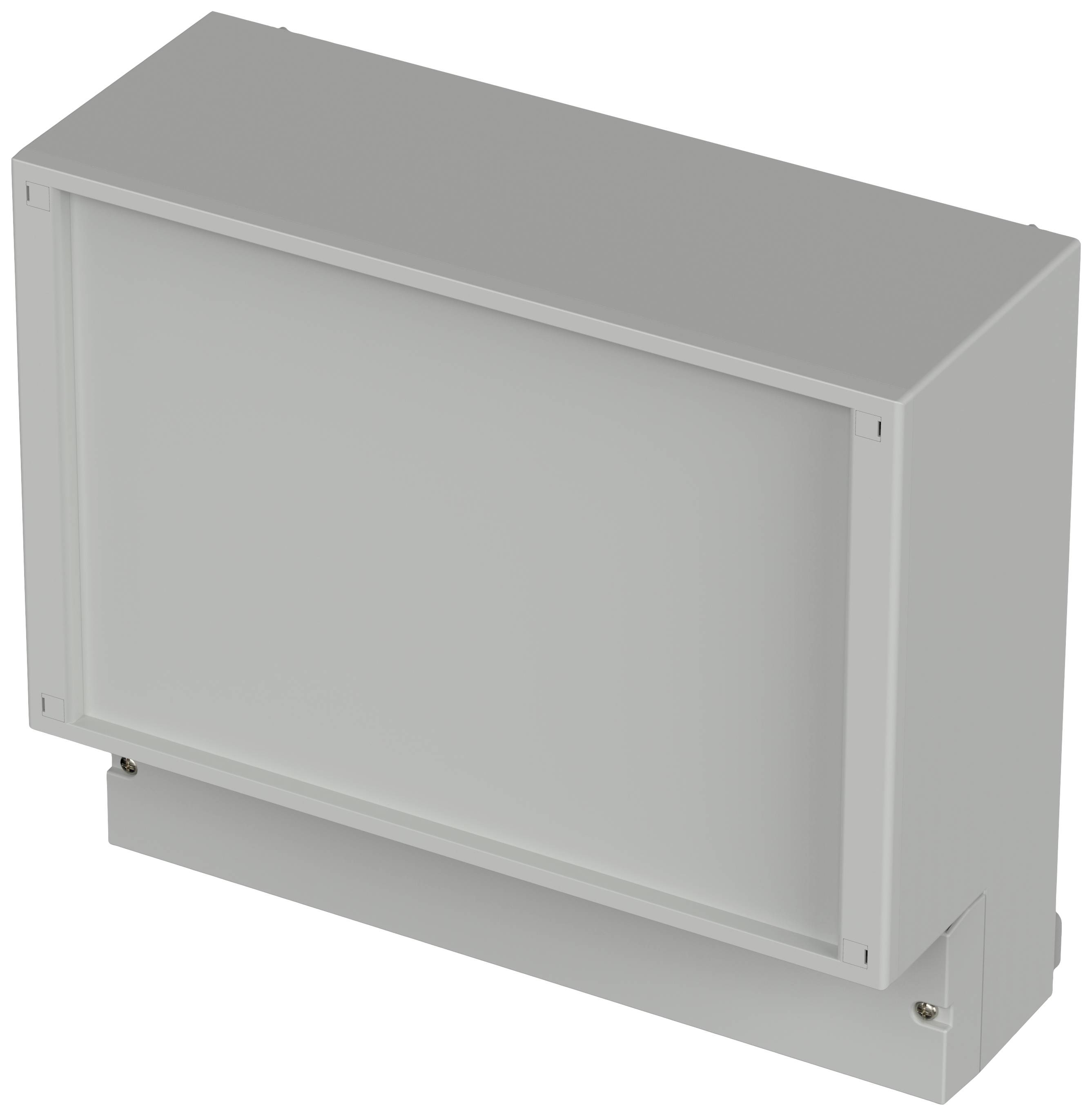 Prostokątne, szare pudełko z pokrywą, prawdopodobnie obudowa techniczna lub elektryczna.