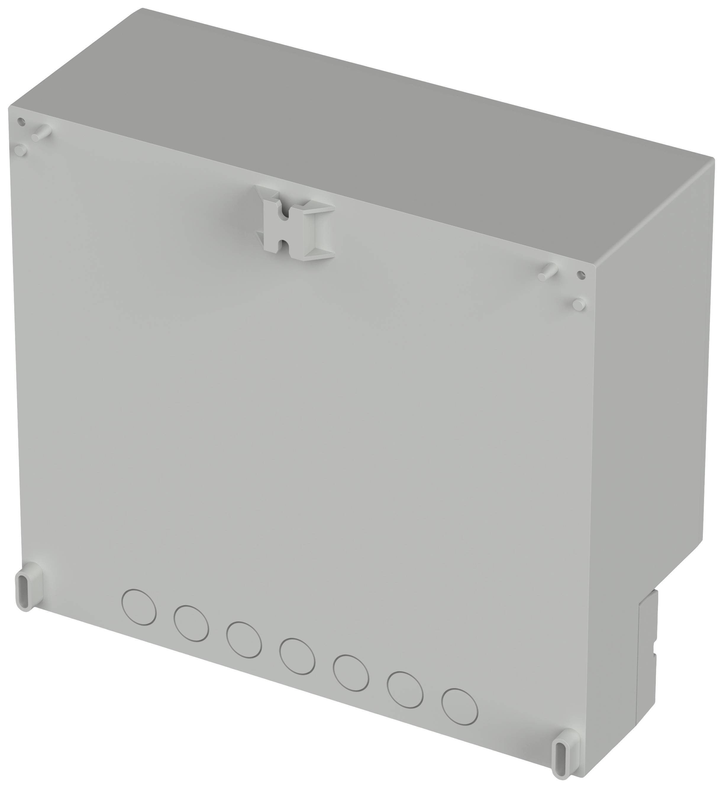 Prostokątna szara obudowa z elementami mocującymi i okrągłymi wgłębieniami od spodu.